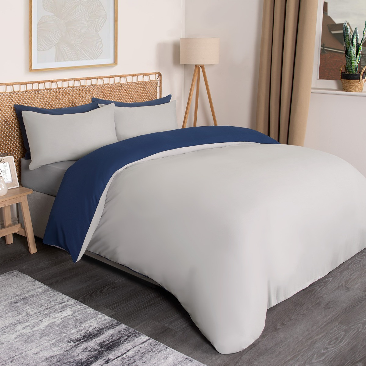 OHS Reversible Duvet Cover Set, Navy/Grey - Superking>