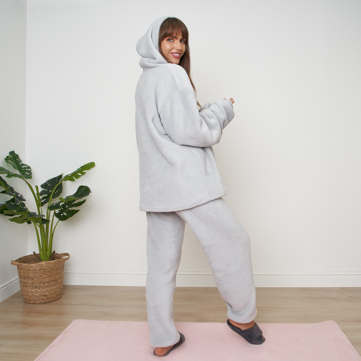 Dreamscene Sherpa Fleece Hoodie Pyjama Set - Grey>