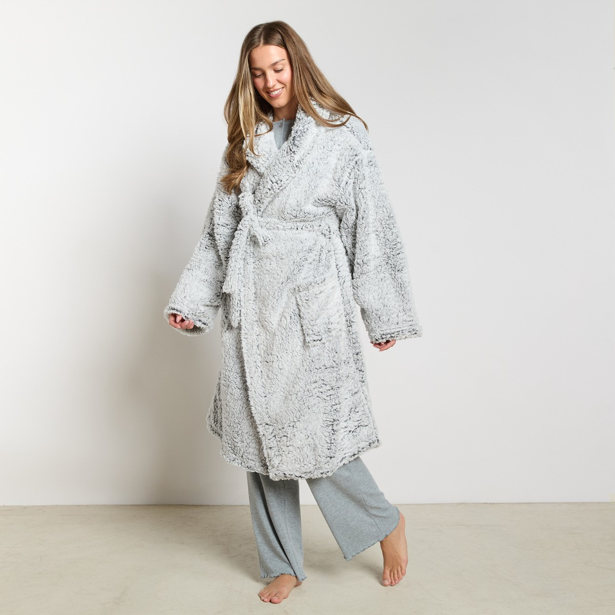 OHS Teddy Marl Dressing Gown - Charcoal>