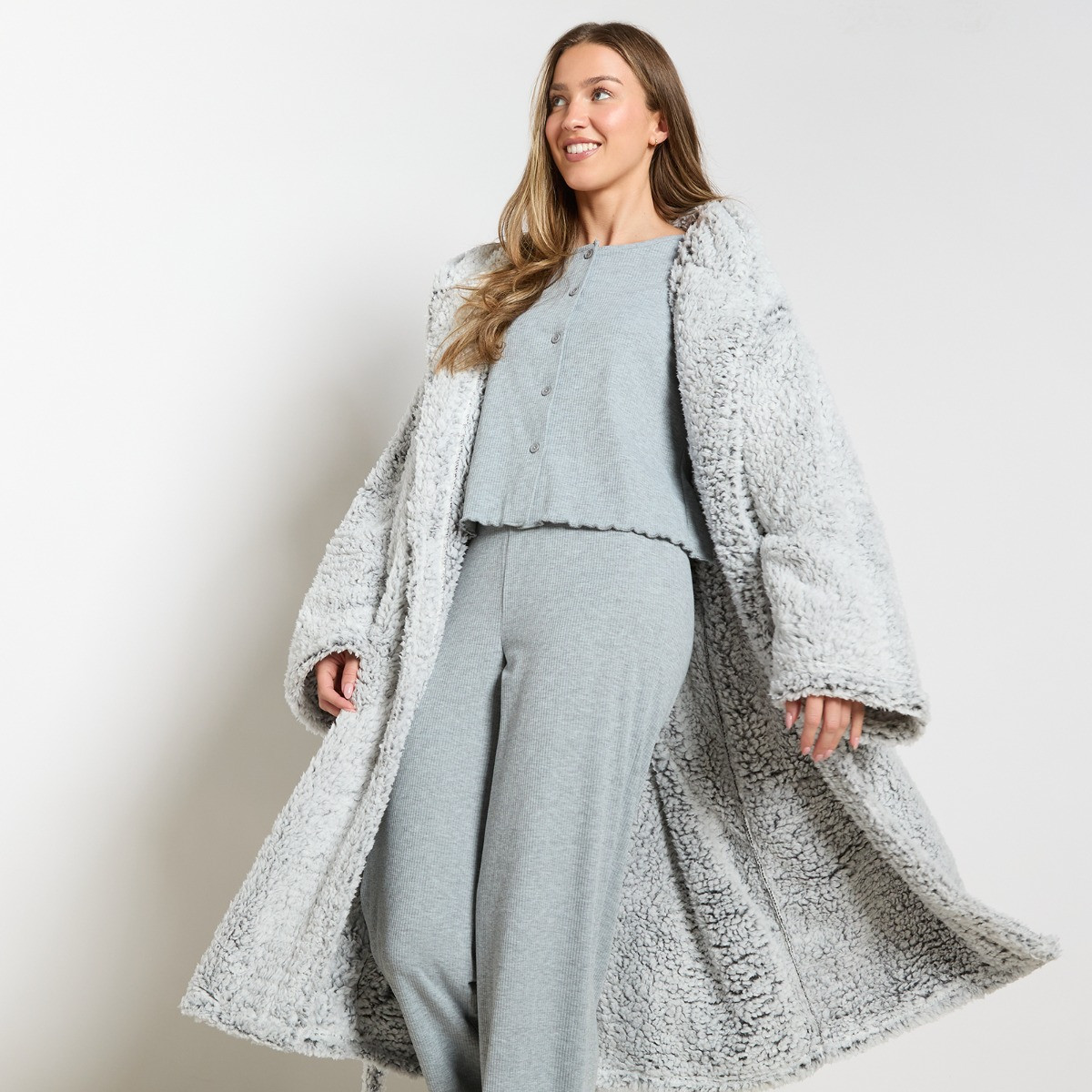 OHS Teddy Marl Dressing Gown - Charcoal>
