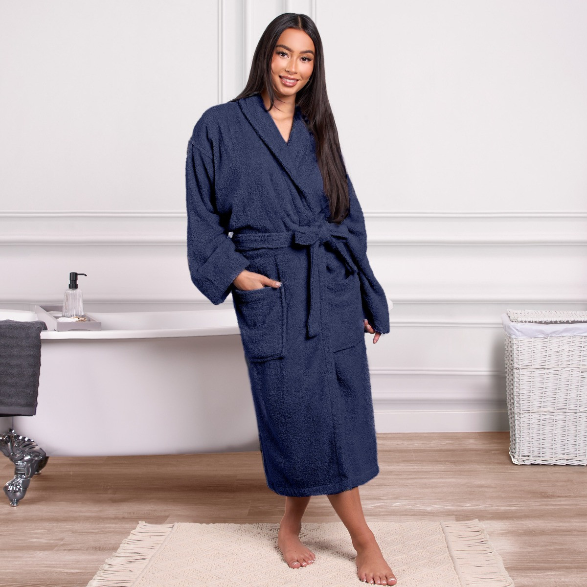 Brentfords 100% Cotton Towelling Dressing Gown, Adults - Navy Blue>