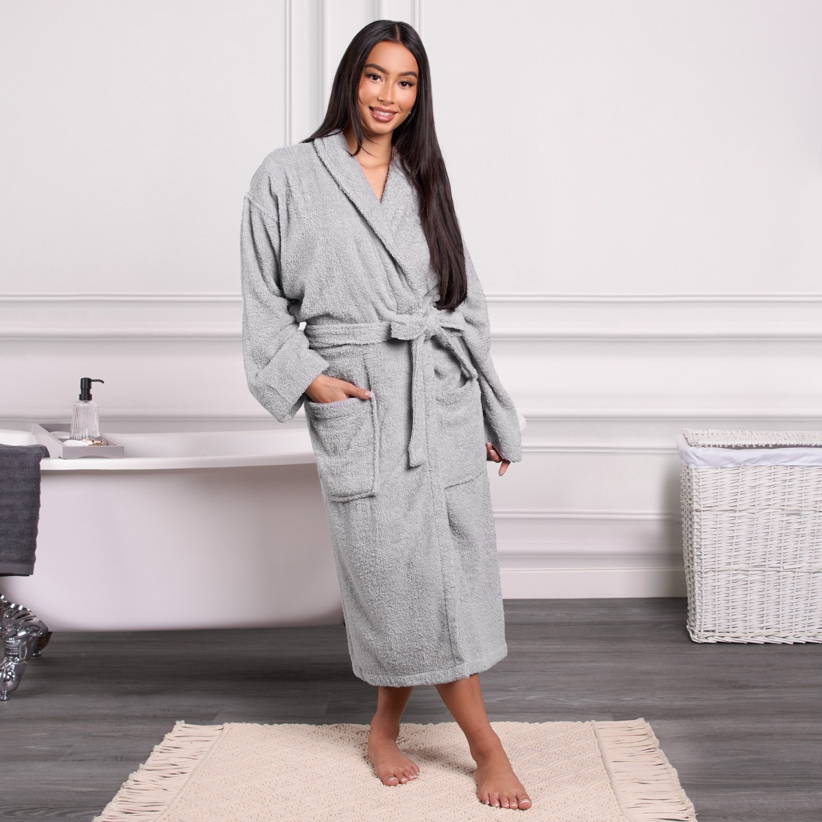 Brentfords 100% Cotton Towelling Dressing Gown, Adults - Silver Grey>