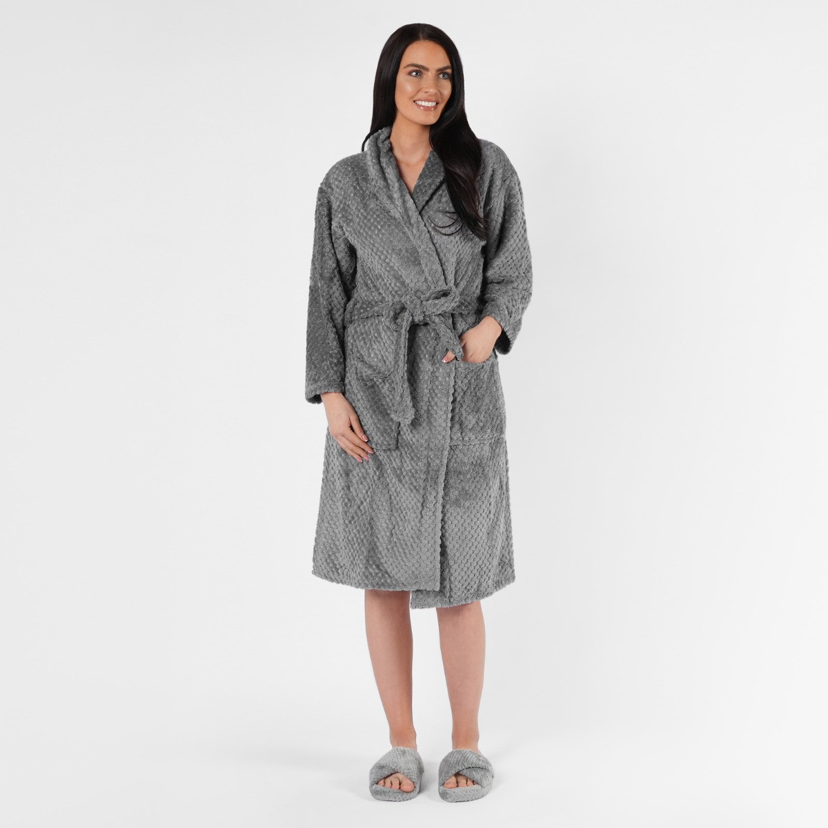 Brentfords Waffle Fleece Dressing Gown, One Size - Charcoal