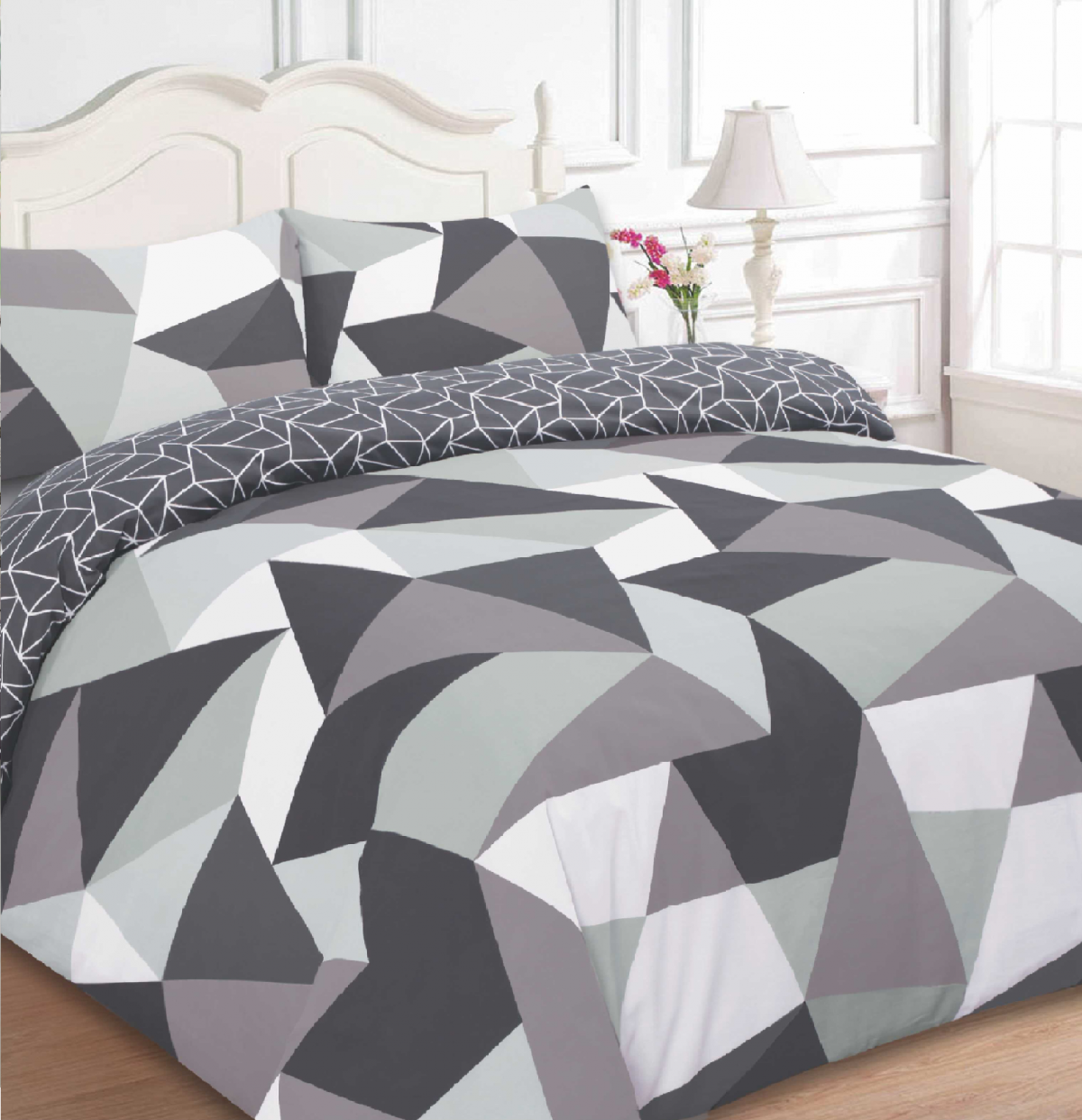Dreamscene Shapes Geometric Duvet Cover Bedding Set, Black Grey - Single>