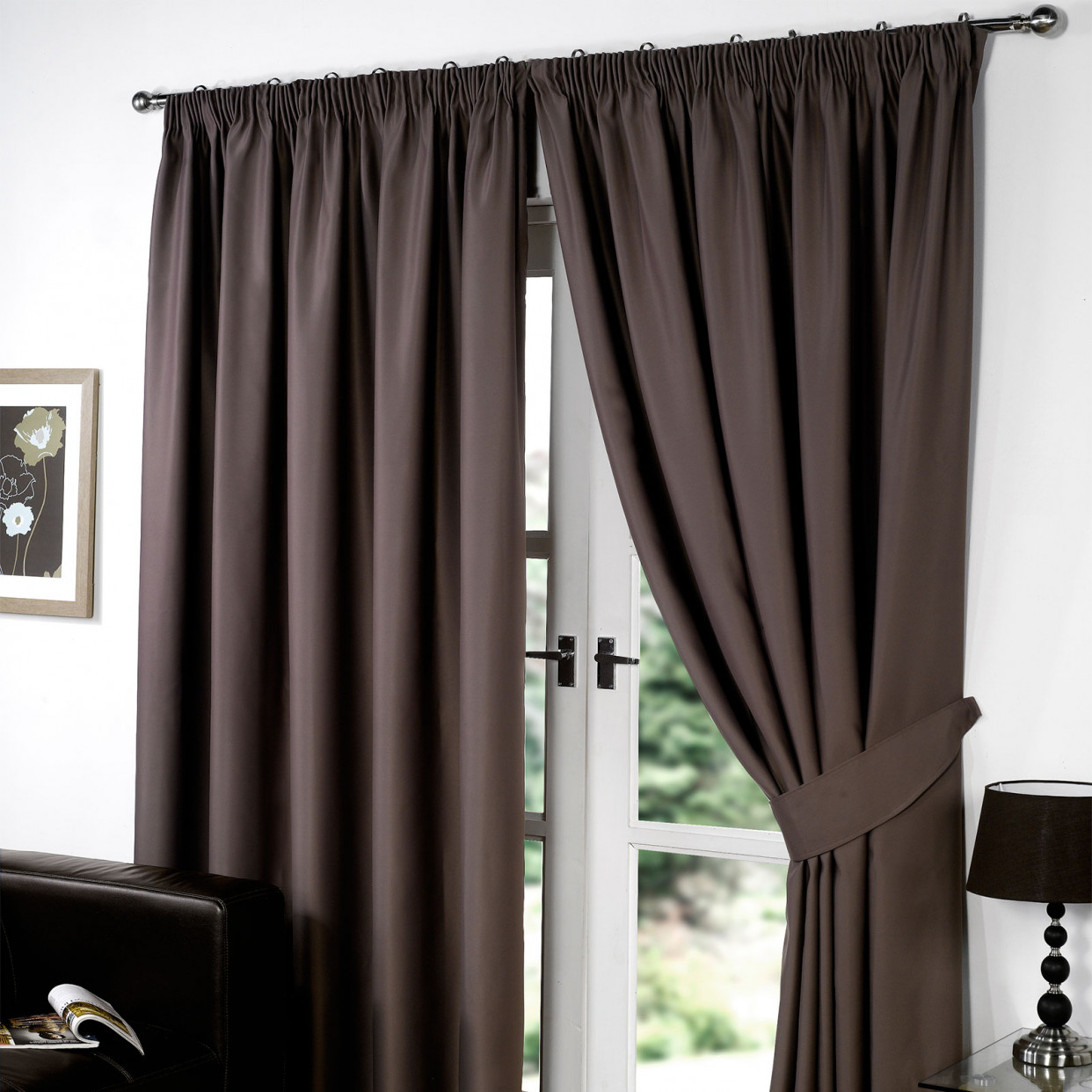 Pencil Pleat Thermal Blackout Fully Lined Curtains - Chocolate 46x72>