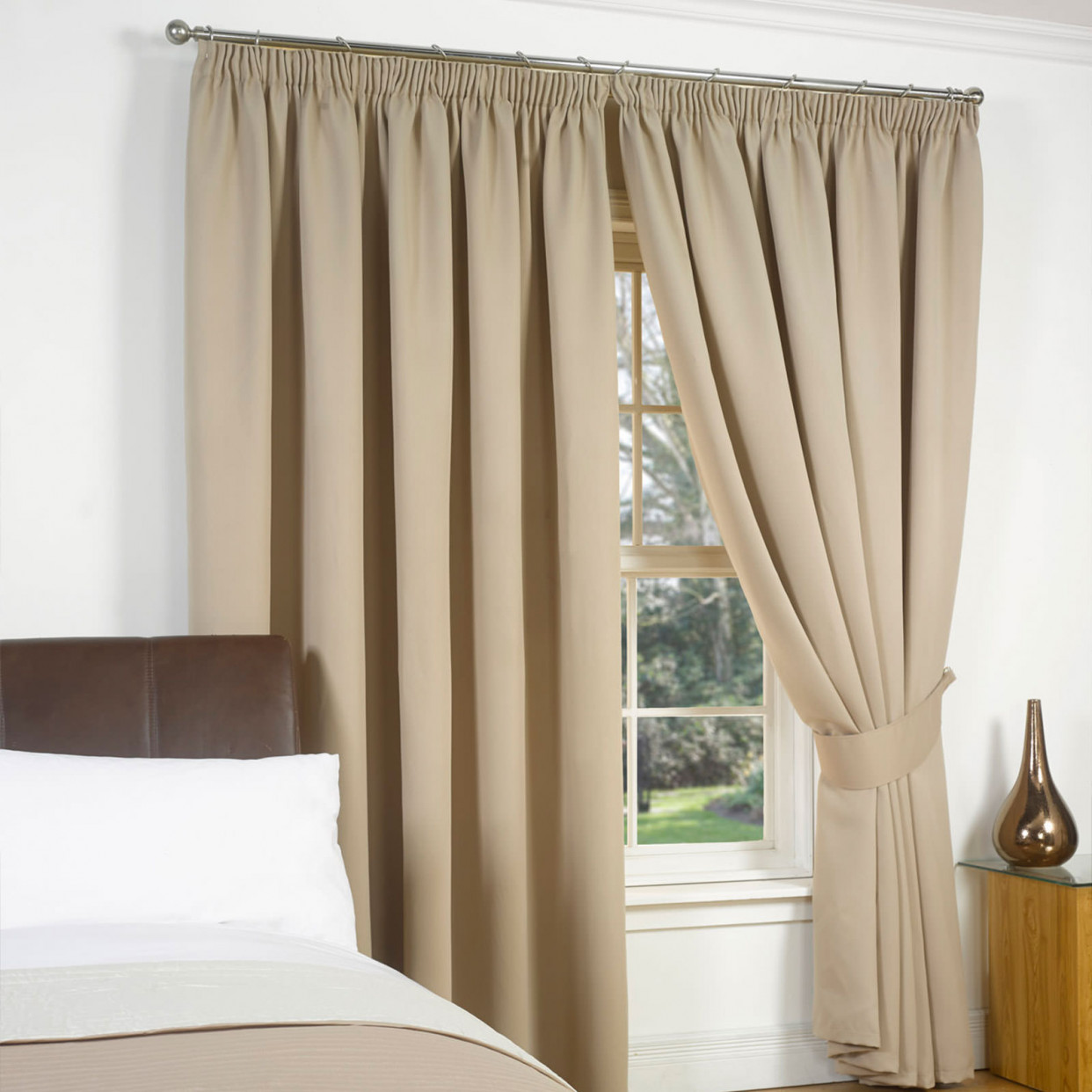 Pencil Pleat Thermal Blackout Fully Lined Curtains - Beige 66x72>