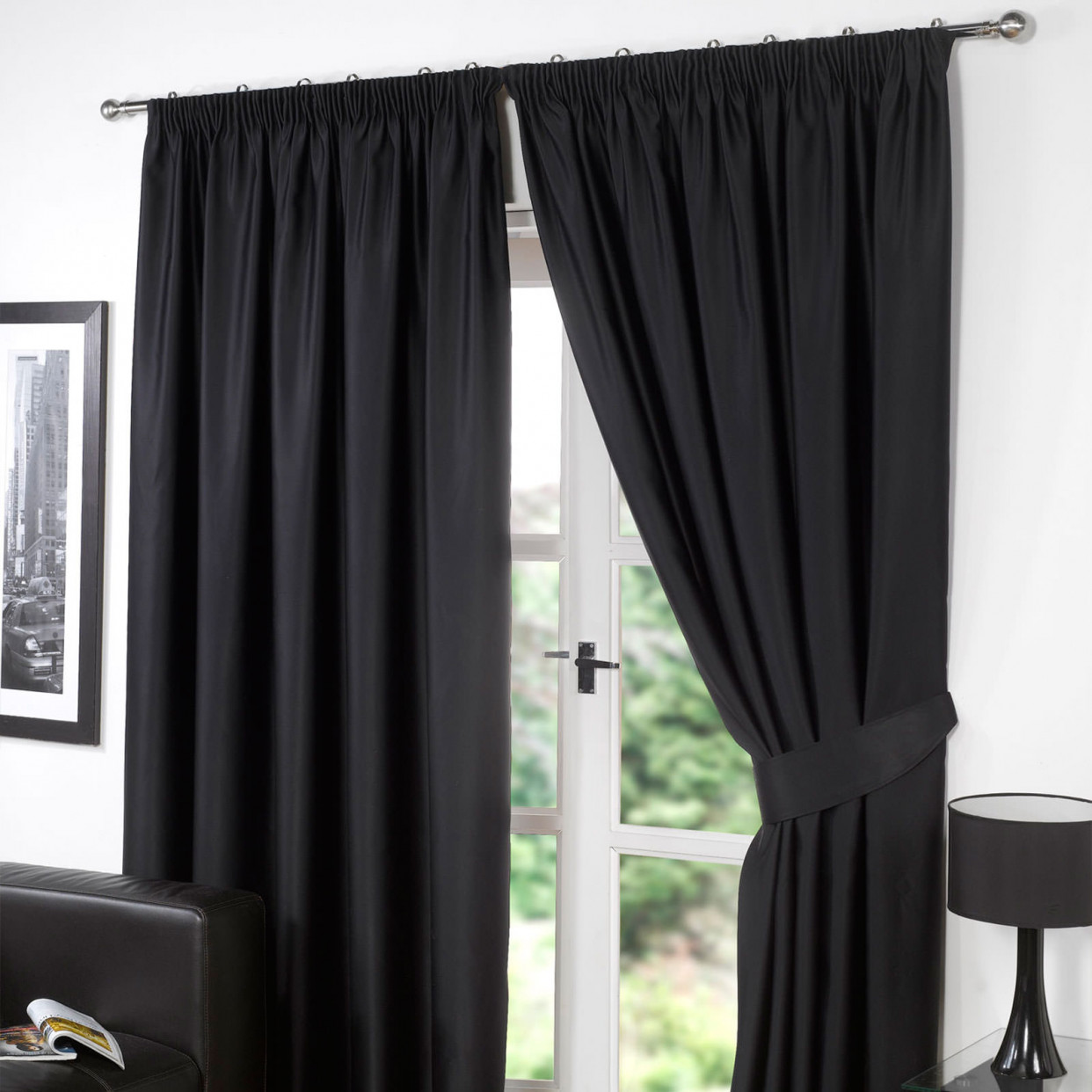 Pencil Pleat Thermal Blackout Fully Lined Curtains - Black 66x72>