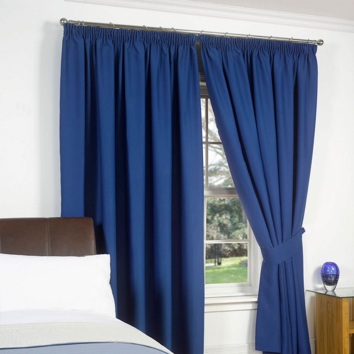 Pencil Pleat Thermal Blackout Fully Lined Curtains - Blue 66x72>