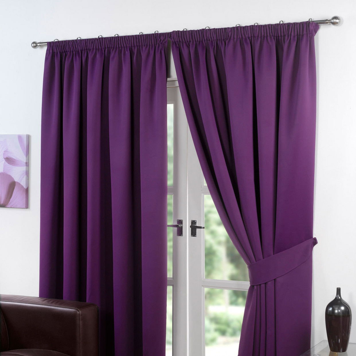 Pencil Pleat Thermal Blackout Fully Lined Curtains - Plum 46x54>