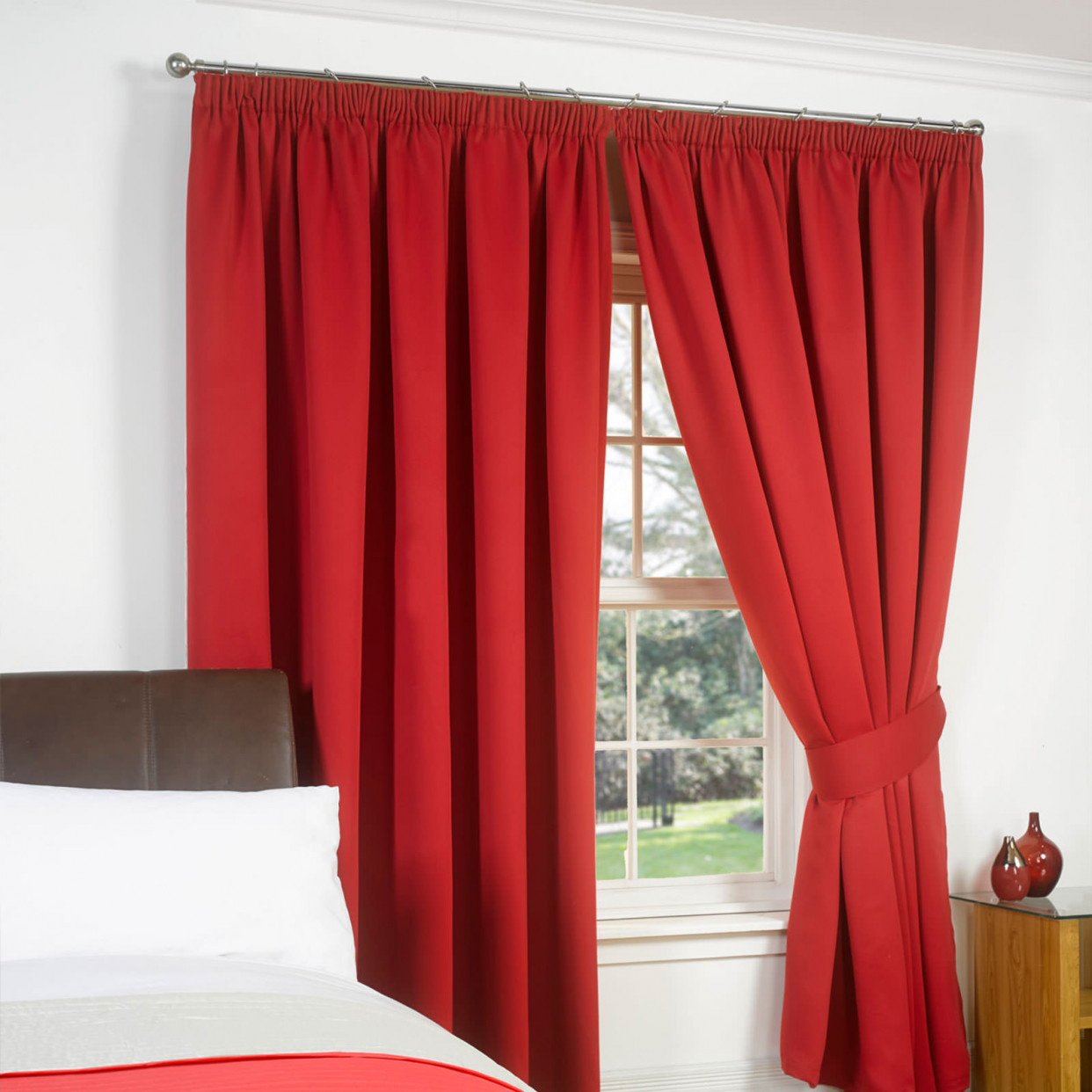 Pencil Pleat Thermal Blackout Curtains - Red 66x54>