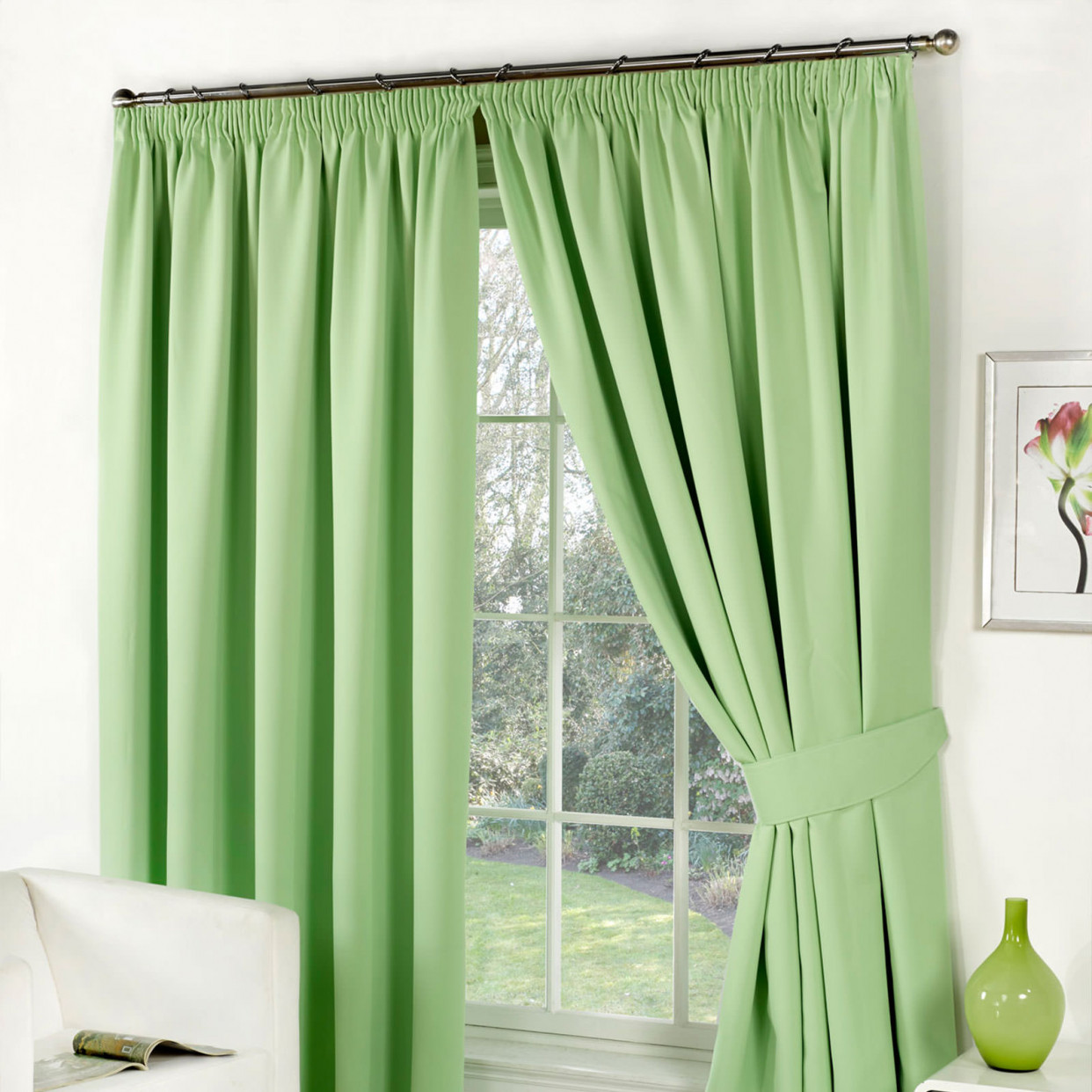 Thermal Pencil Pleat Blackout PAIR Curtains Ready Made Fully Lined - Sage 66x90>
