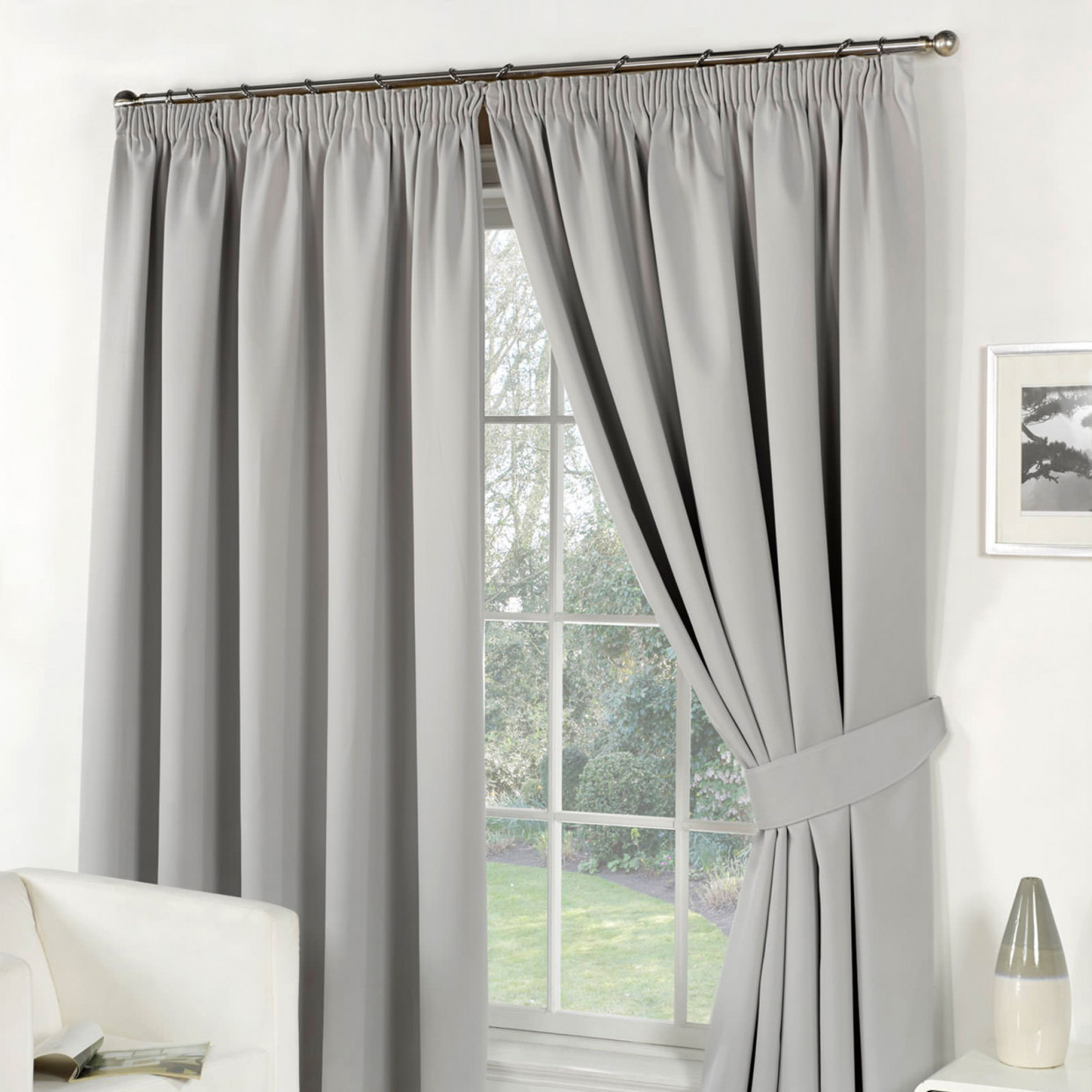 Thermal Pencil Pleat Blackout PAIR Curtains Ready Made Fully Lined Silver 66x72>