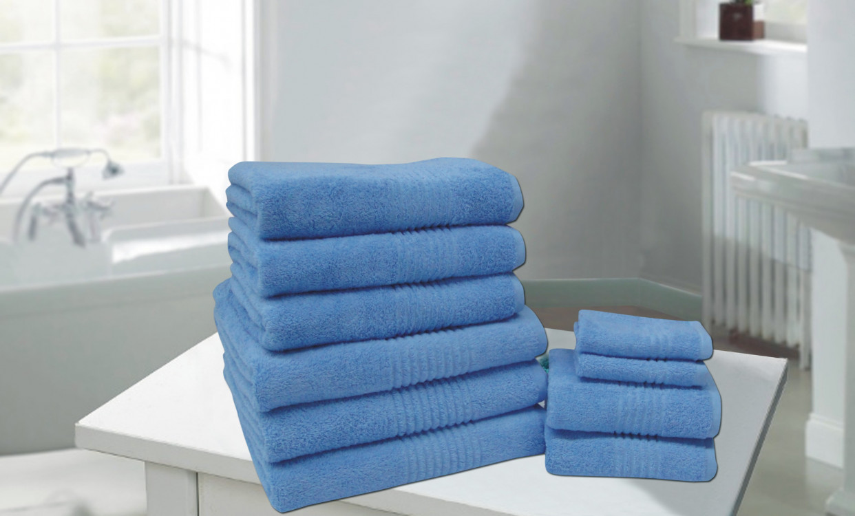 Highams 10 Piece Towel Bale Gift Sets 550 gsm - 100% Cotton - Blue>