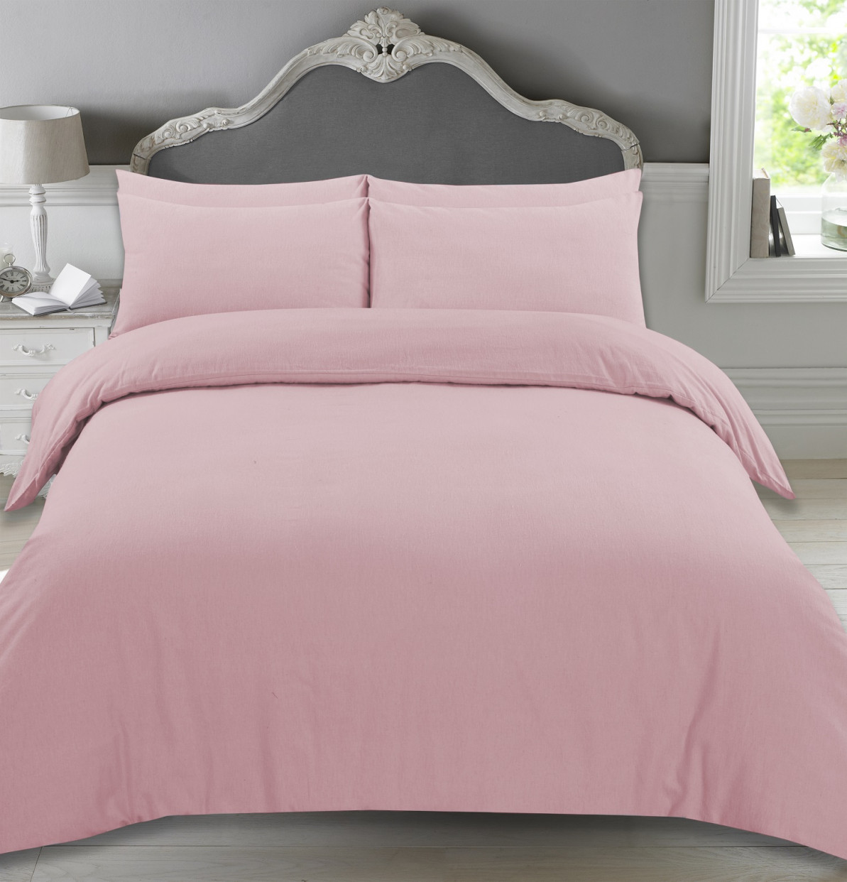 Highams Brushed Cotton Duvet Cover Set, Blush Pink - Double>