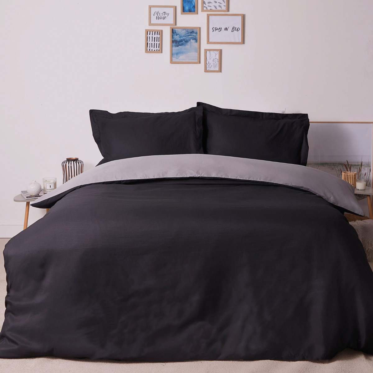 Brentfords Plain Dye Duvet Cover Set with Oxford Pillowcase - Grey / Black>