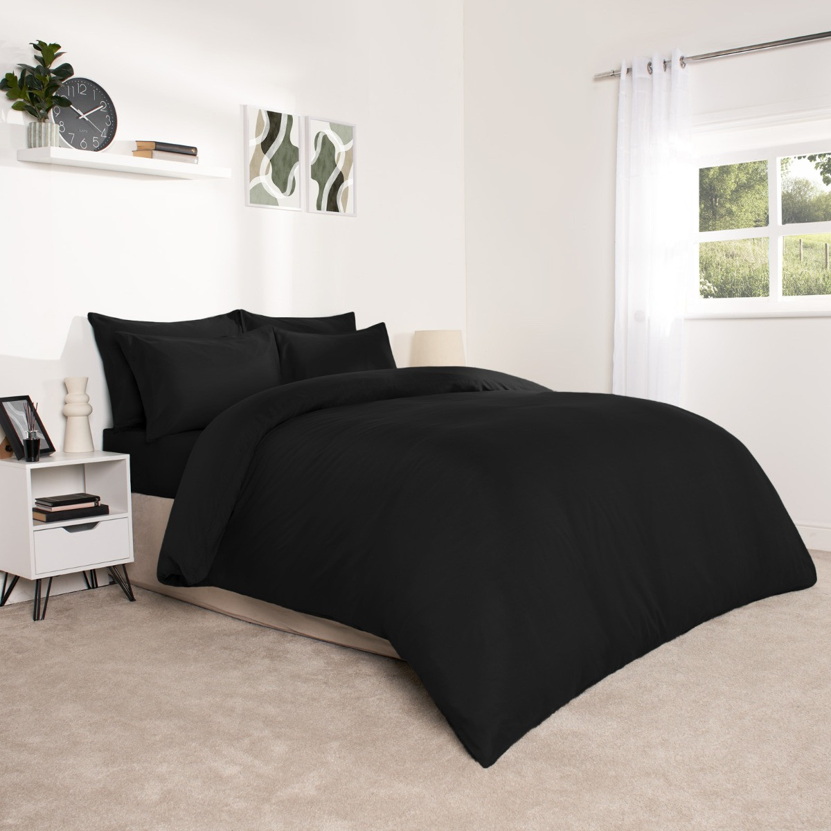 Brentfords Plain Duvet Cover Quilt with Pillowcases - Black, Super King>