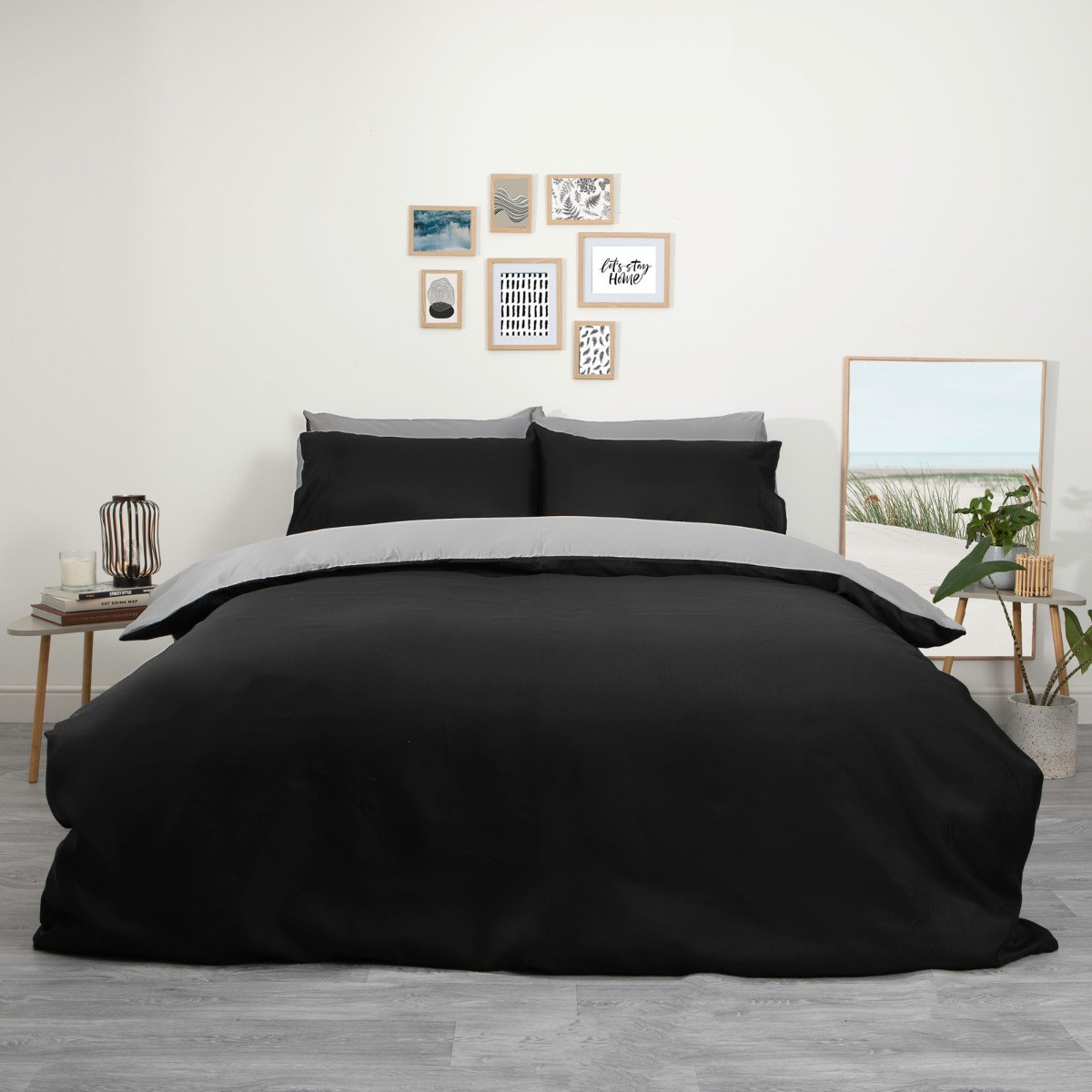 Brentfords Plain Dye Duvet Cover Set with Pillow Sham - Grey Black>