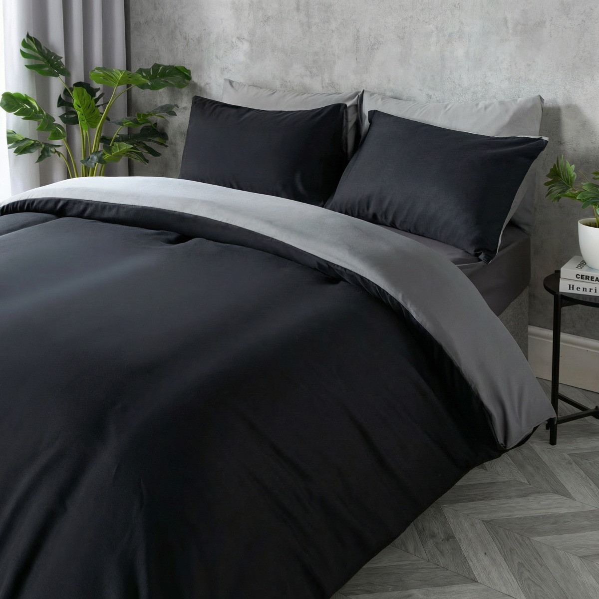 OHS Plain Duvet Cover Double Set - Black/Grey>