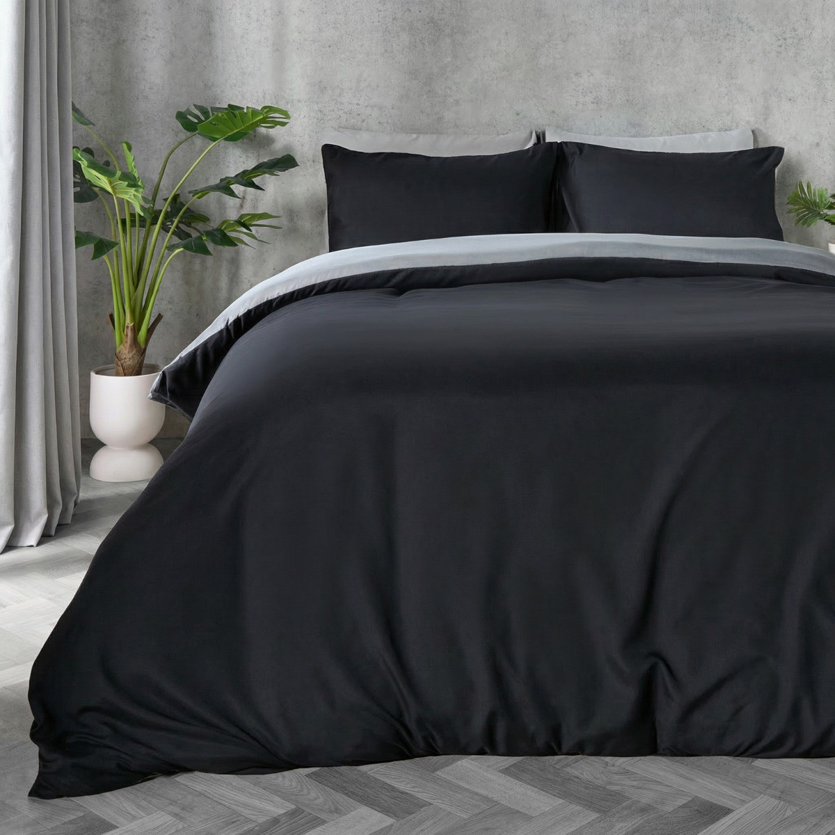 OHS Plain Duvet Cover Single Set - Black/Grey>