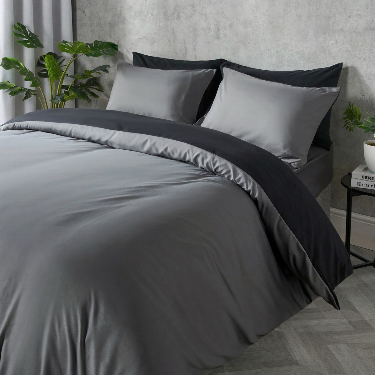 OHS Plain Duvet Cover King Size Set - Black/Grey>