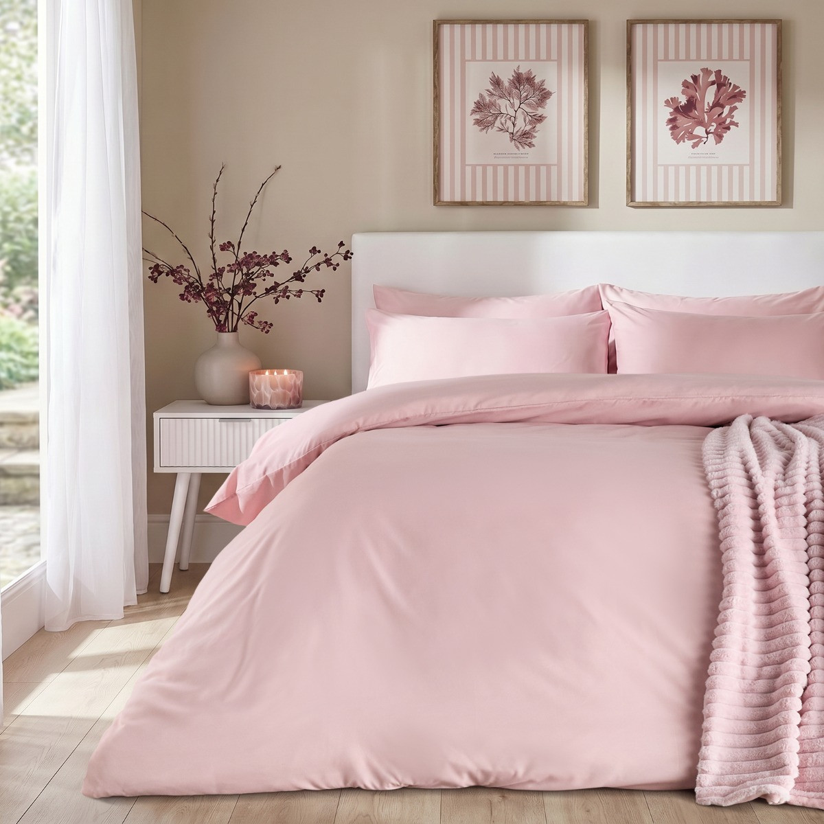 OHS Plain Duvet Cover Set, Blush Pink - Double>