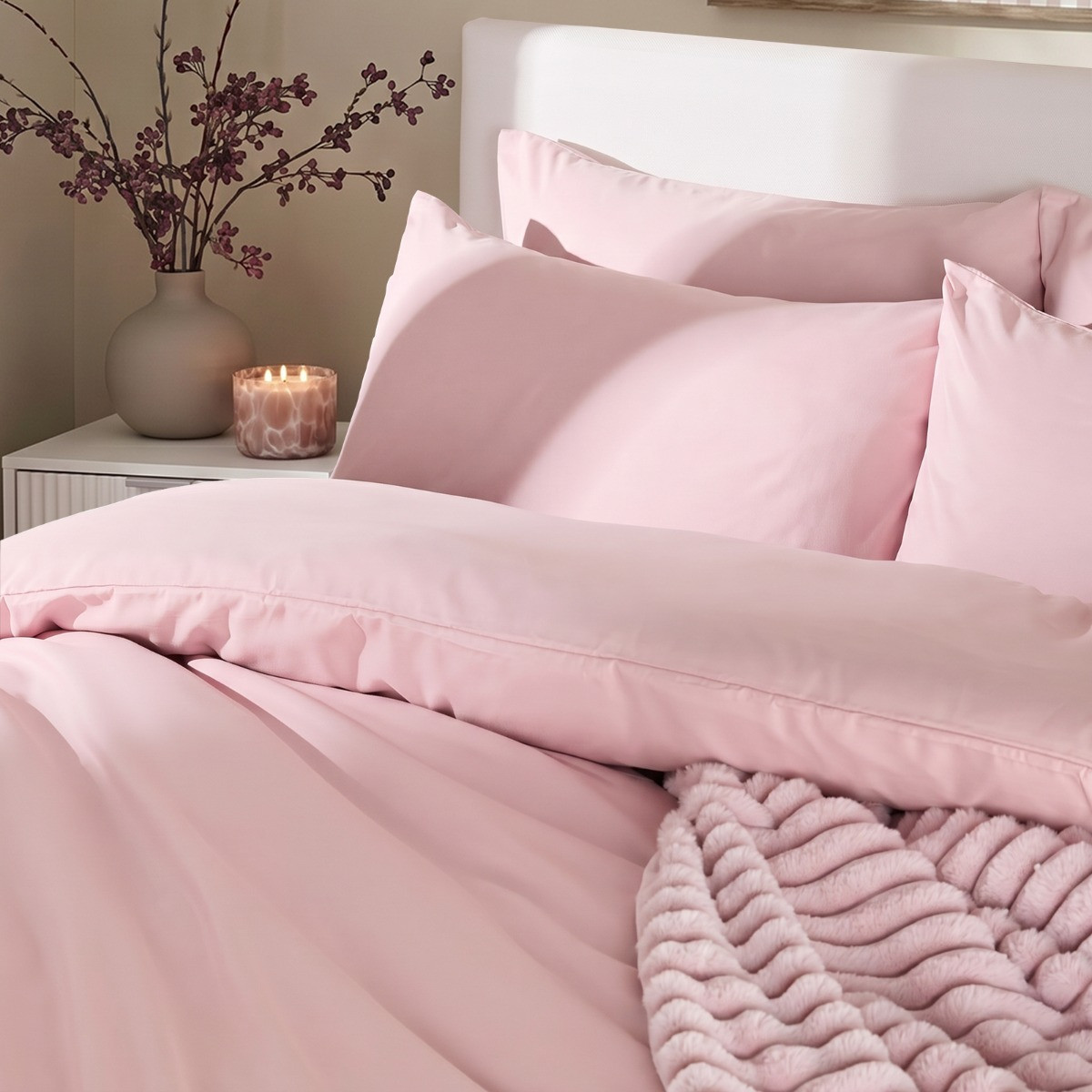 OHS Plain Duvet Cover Set, Blush Pink - Double>
