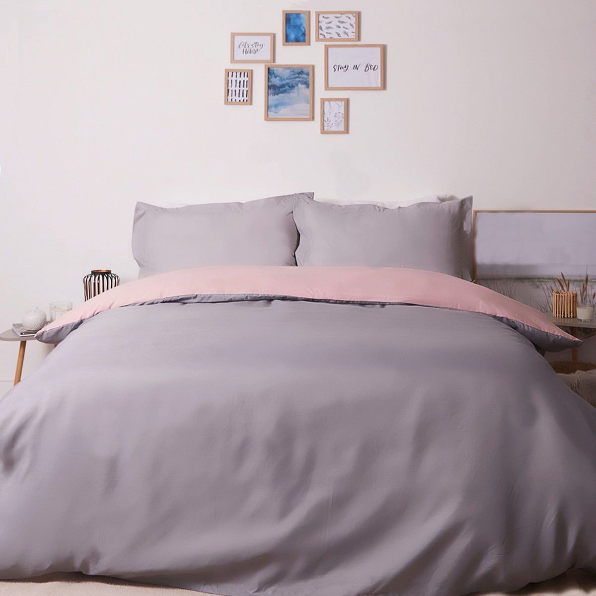 Brentfords Plain Dye Duvet Cover Set with Oxford Pillowcase - Blush Pink / Grey>