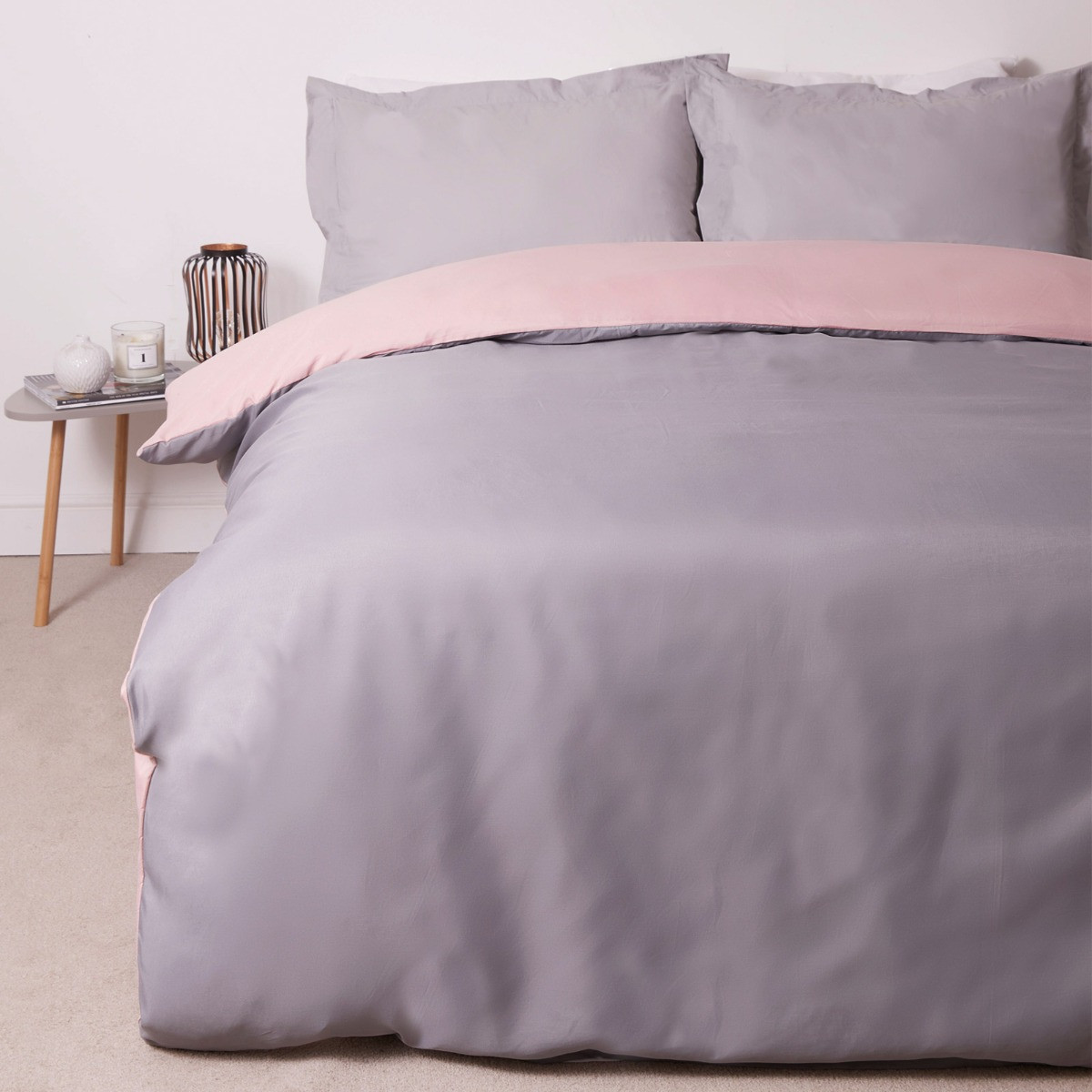 Brentfords Plain Dye Duvet Cover Set with Oxford Pillowcase - Blush Pink / Grey>