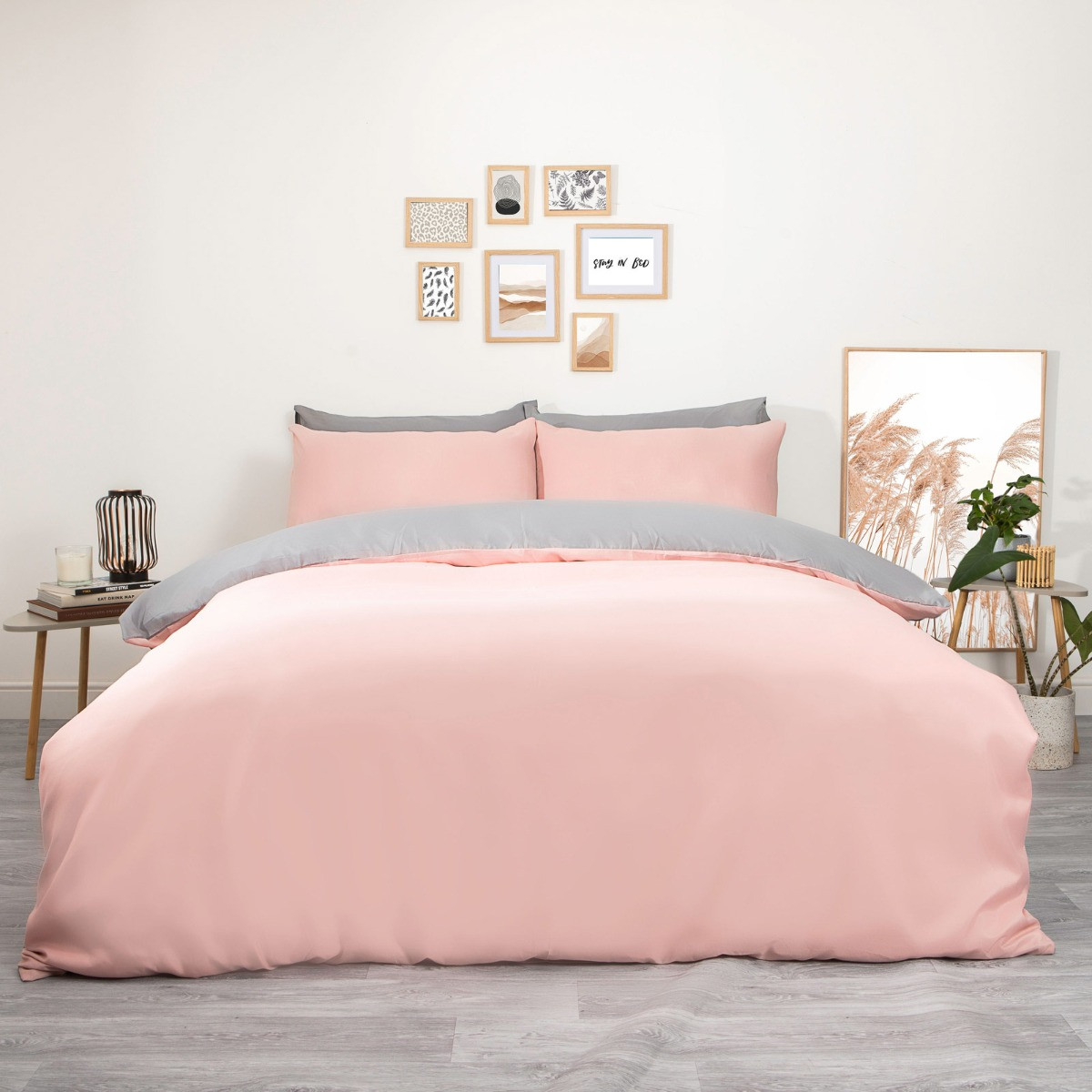 Brentfords Plain Dye Duvet Cover Set with Pillow Sham - Blush Pink Grey>