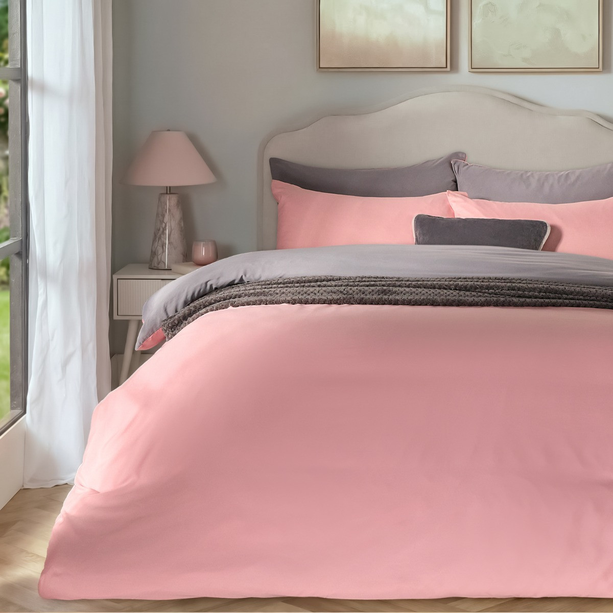 OHS Reversible Duvet Cover Set - Blush/Grey >