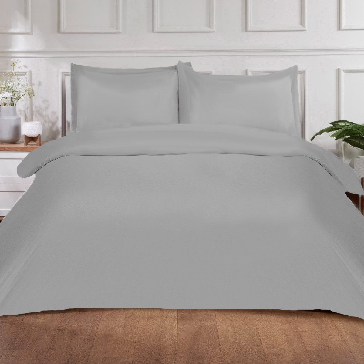 Brentfords Plain Dye Duvet Cover Set with Oxford Pillowcase - Grey / Silver>