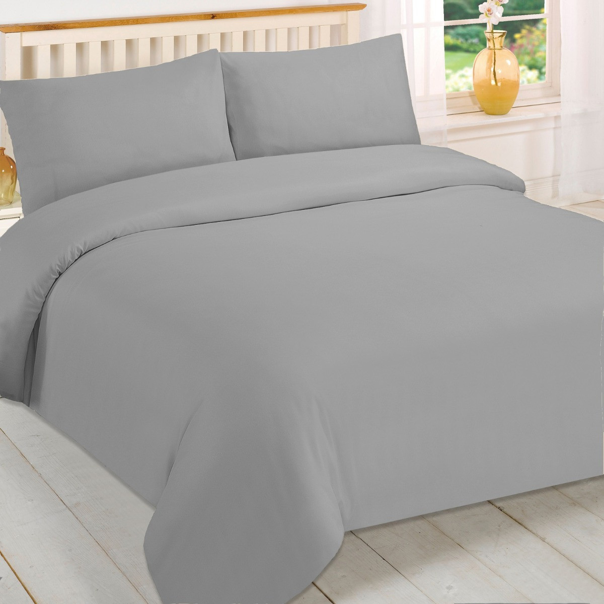 Brentfords Plain Dye Duvet Cover Set with Pillow Sham - Grey Silver>