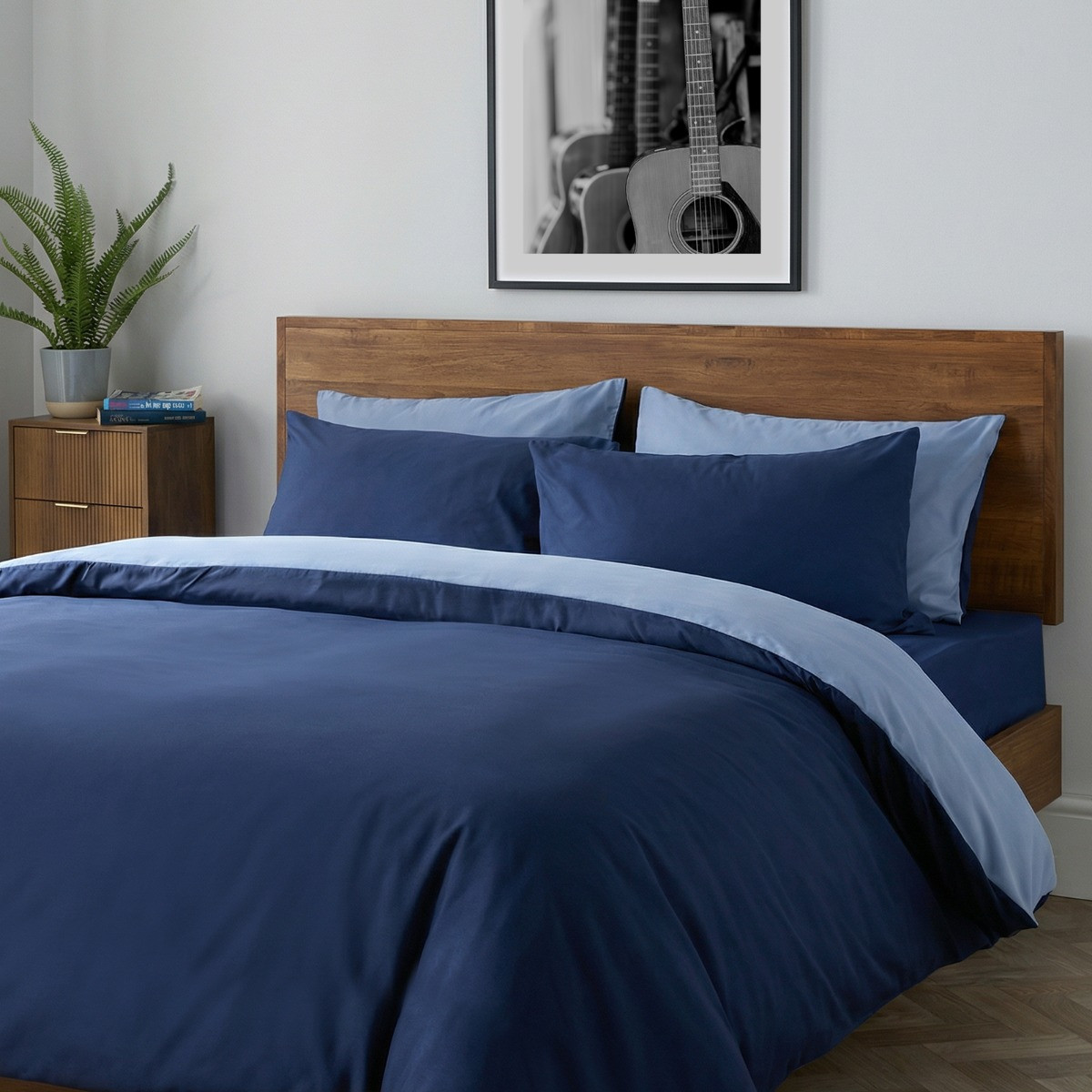 OHS Plain Dyed Duvet Cover Quilt Bedding Set With Pillowcase Navy Blue Double>