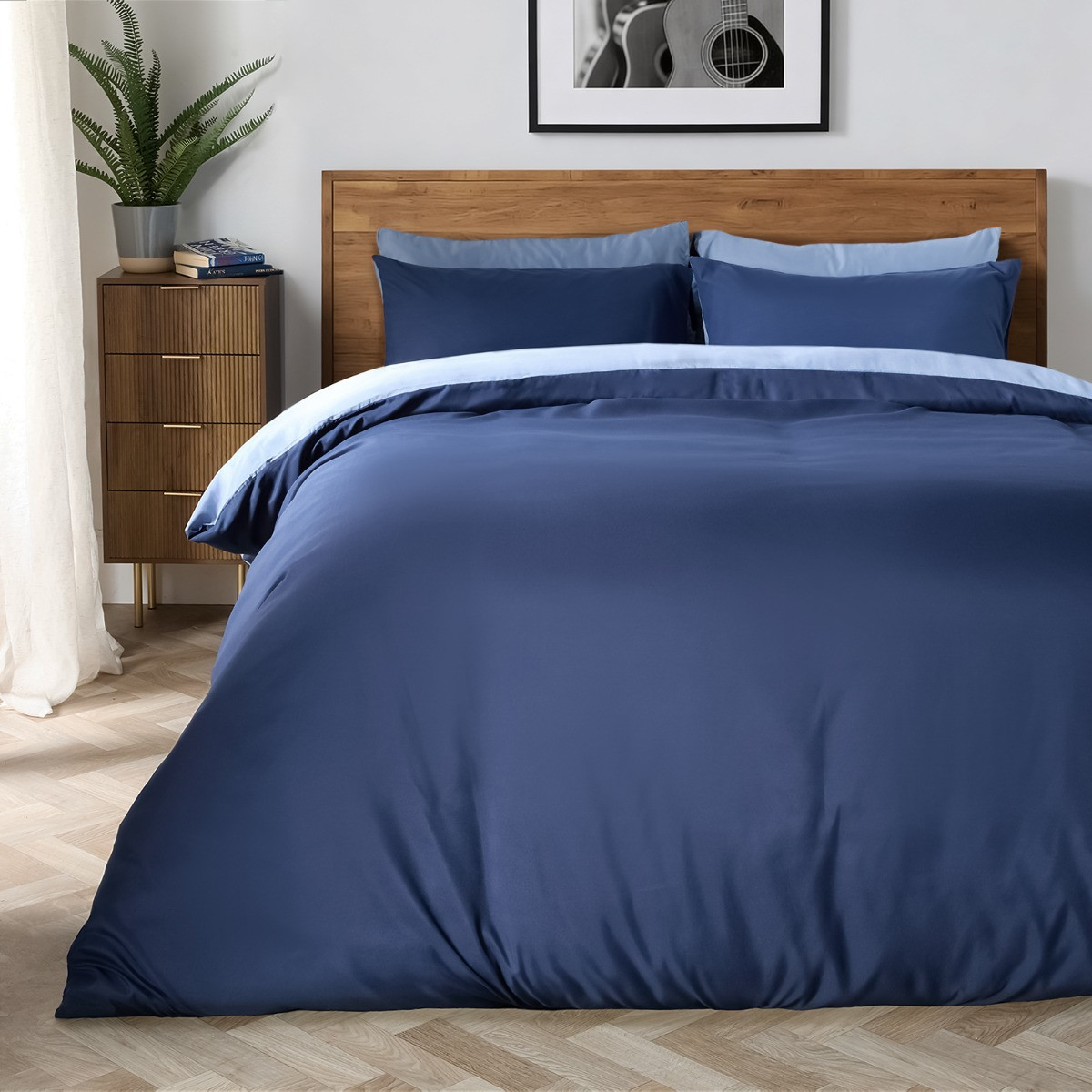 OHS Plain Dyed Duvet Cover Quilt Bedding Set With Pillowcase Navy Blue Double>