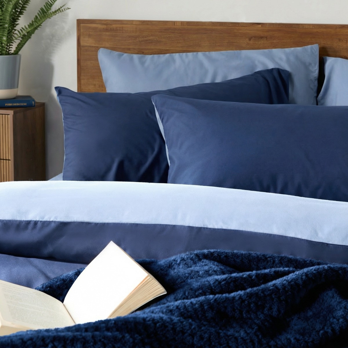 OHS Plain Dyed Duvet Cover Quilt Bedding Set With Pillowcase Navy Blue Double>
