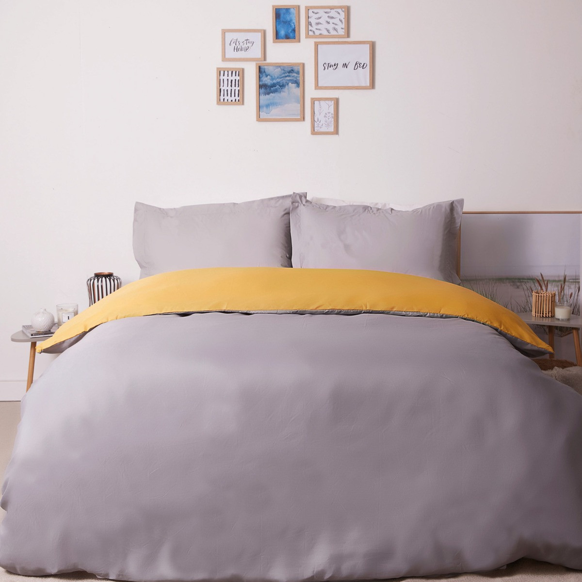 Brentfords Plain Dye Duvet Cover Set with Oxford Pillowcase - Ochre / Grey>