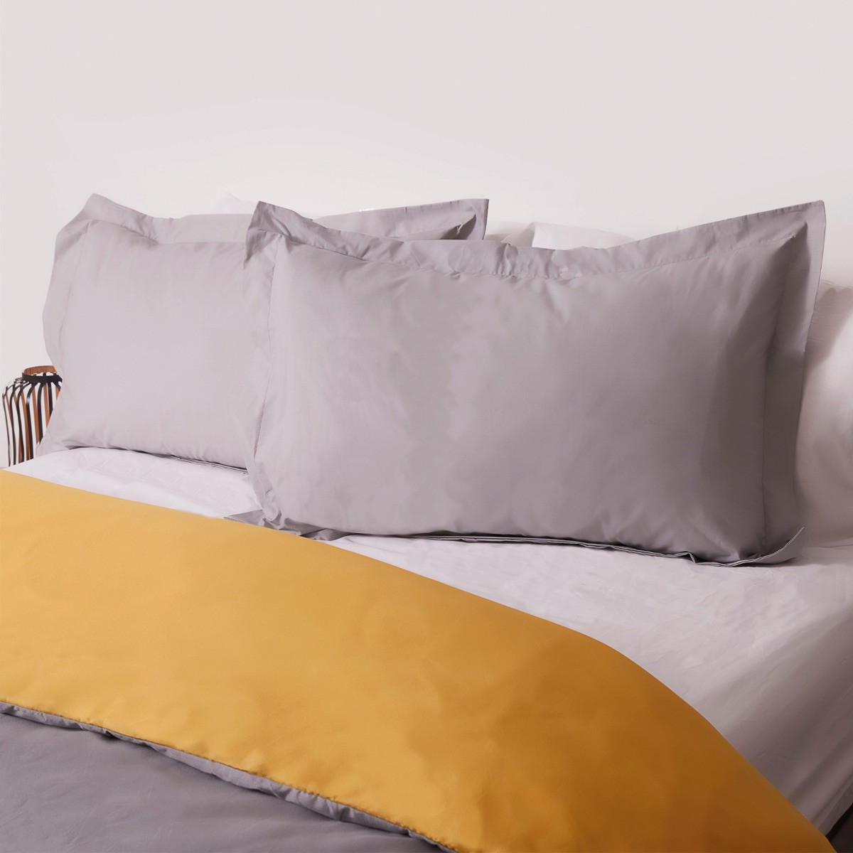 Brentfords Plain Dye Duvet Cover Set with Oxford Pillowcase - Ochre / Grey>