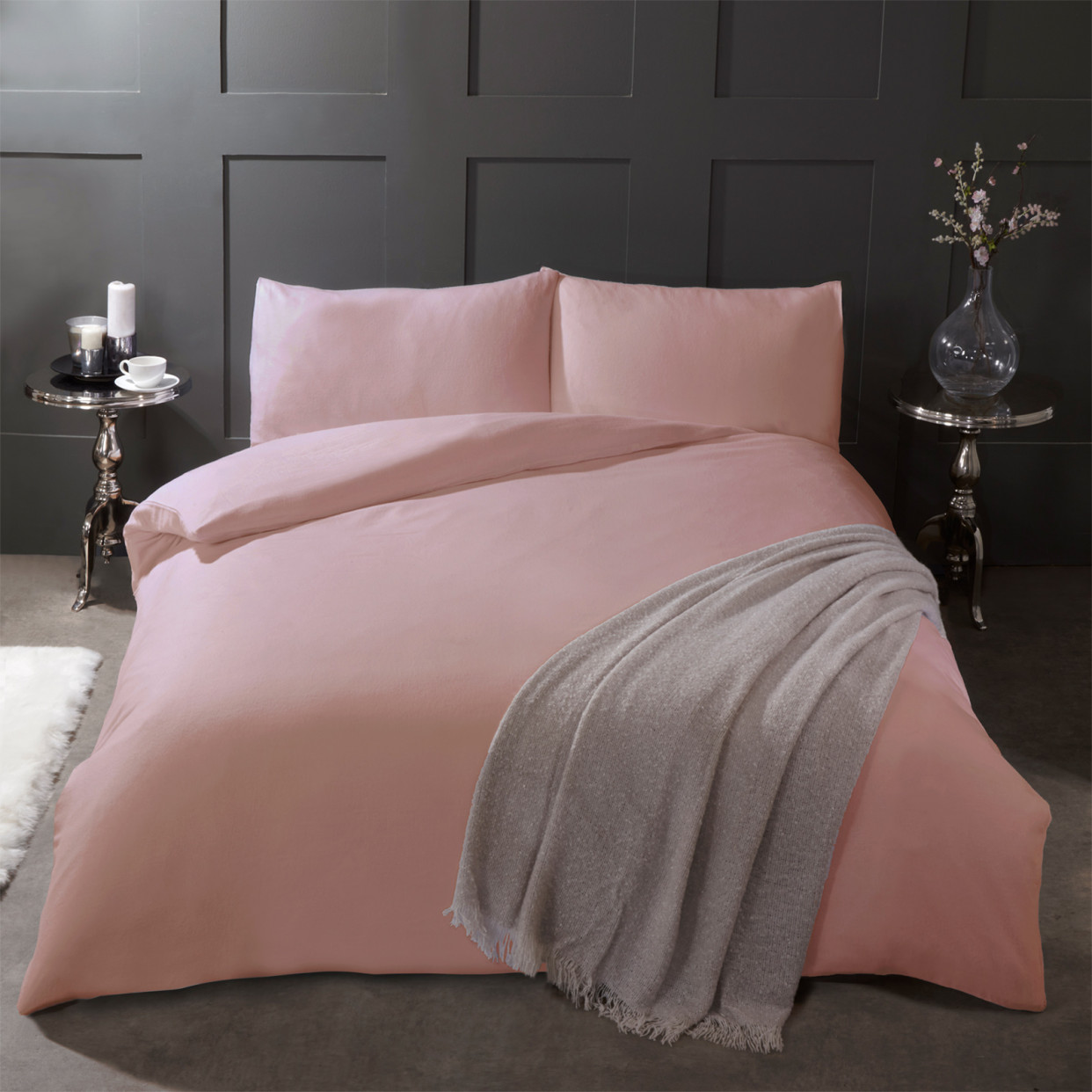 Highams Brushed Cotton Duvet Cover Set - Blush Pink>
