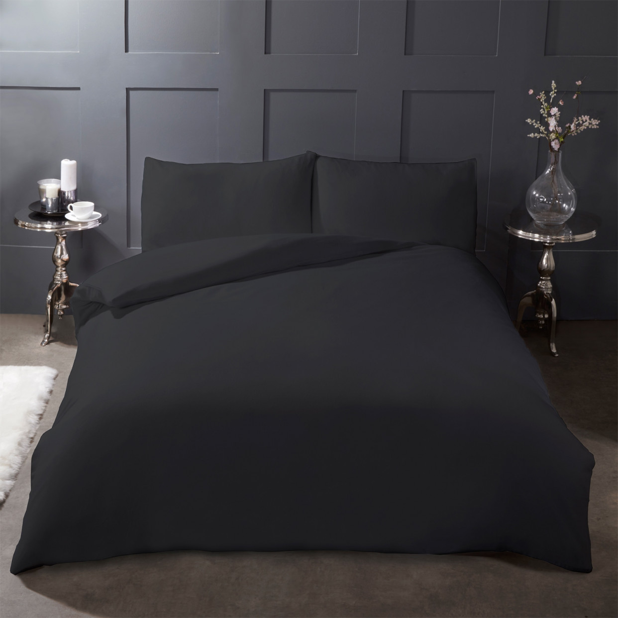 Highams 100% Brushed Cotton Duvet Cover with Pillowcase Flannelette Thermal Bedding Set, Plain Charcoal Black - Single>