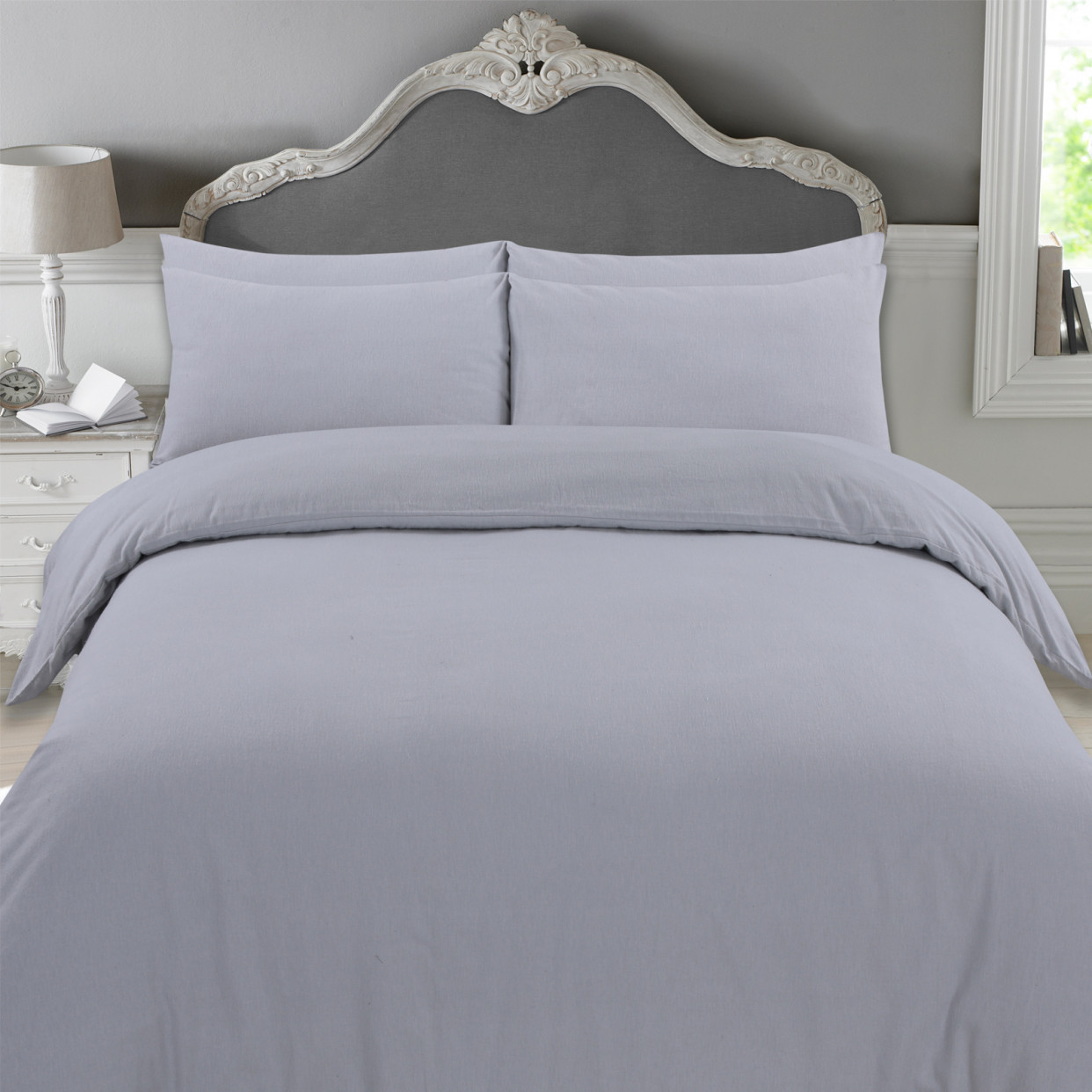 Highams 100% Brushed Cotton Duvet Cover with Pillowcase Plain Flannelette Thermal Bedding Set, Grey Silver - King>