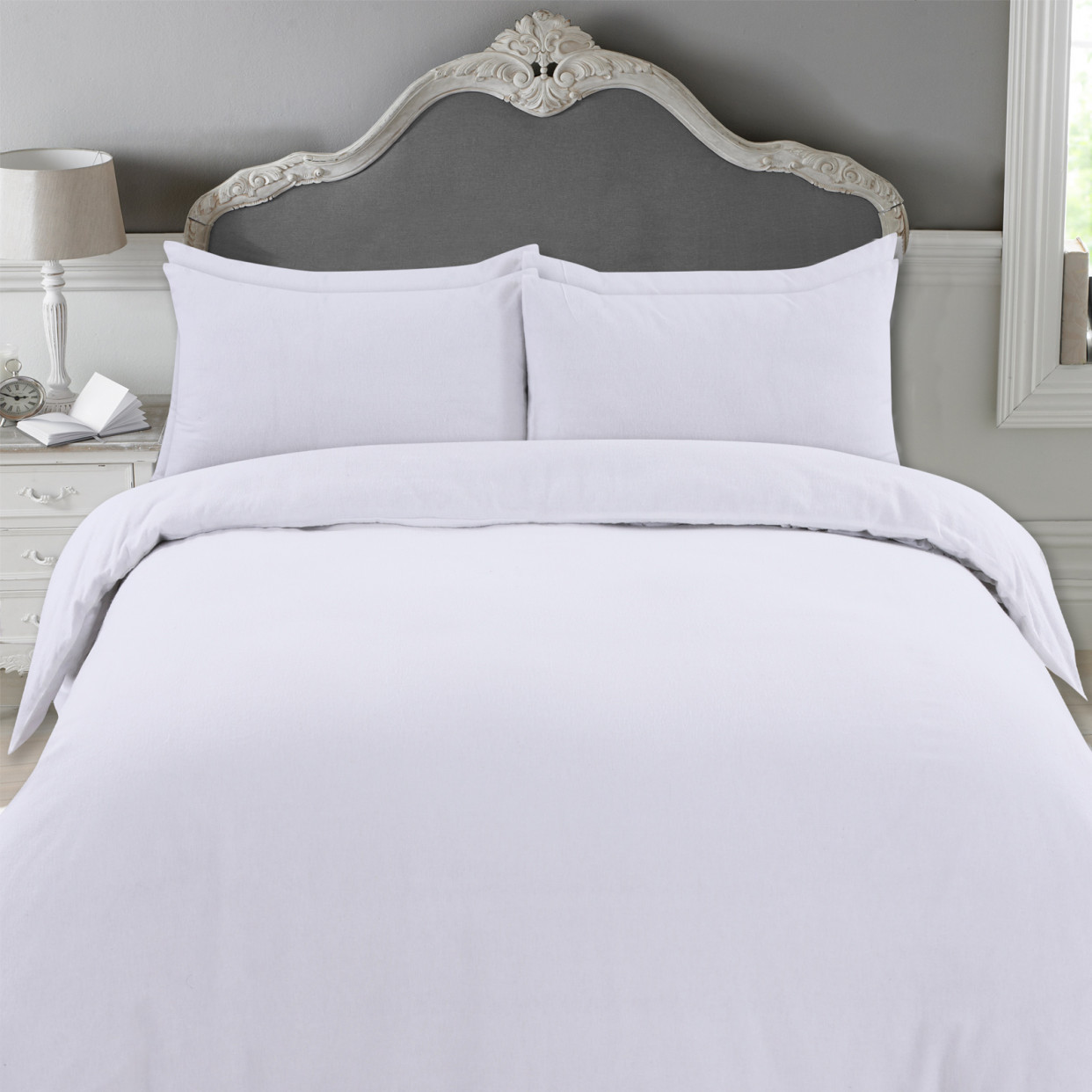 Highams 100% Brushed Cotton Duvet Cover with Pillowcase Plain Flannelette Thermal Bedding Set, Pure White - Superking>