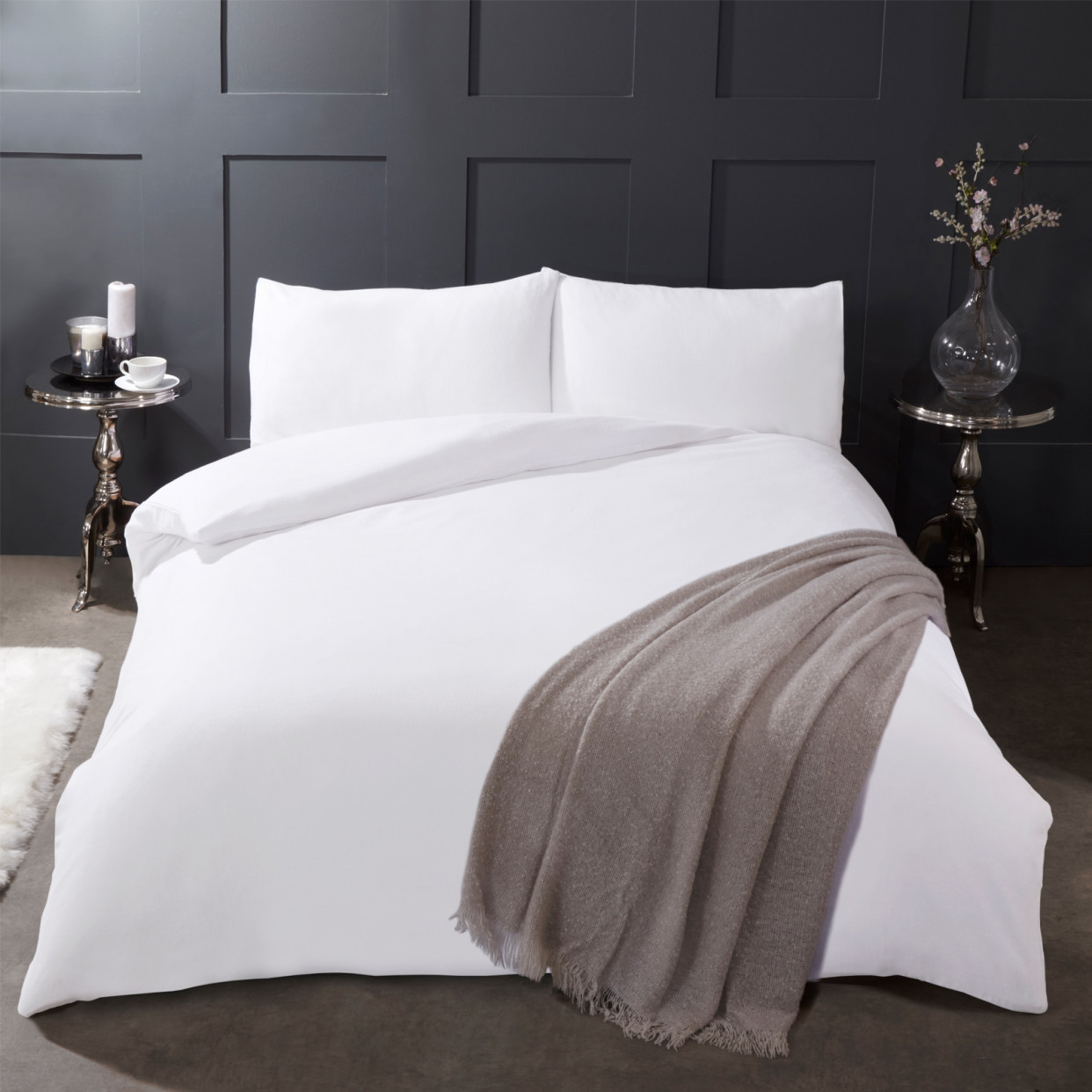 Highams 100% Brushed Cotton Duvet Cover with Pillowcase Plain Flannelette Thermal Bedding Set, Pure White - Single>