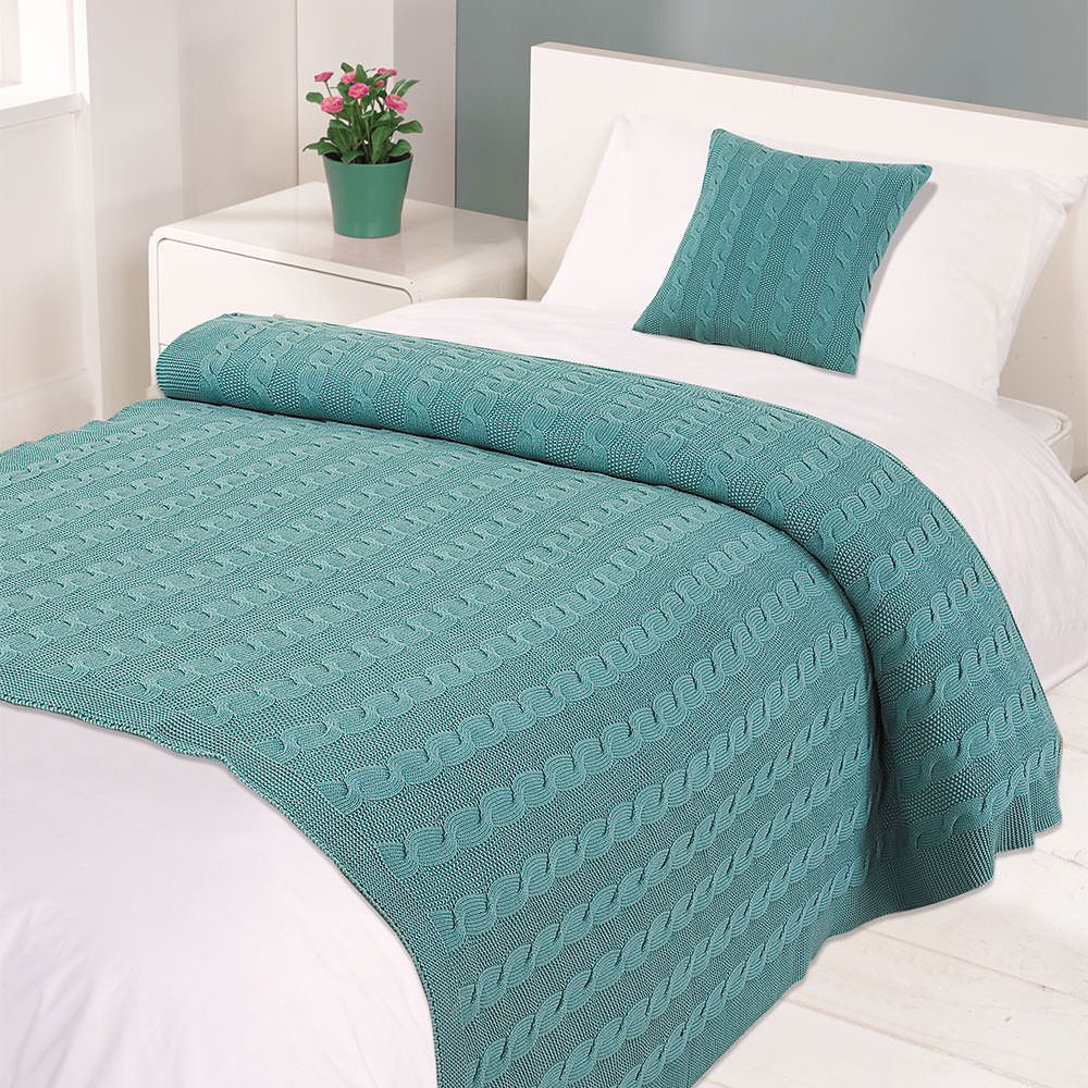 Highams Cable Knit 100% Cotton Throw - Duck Egg>