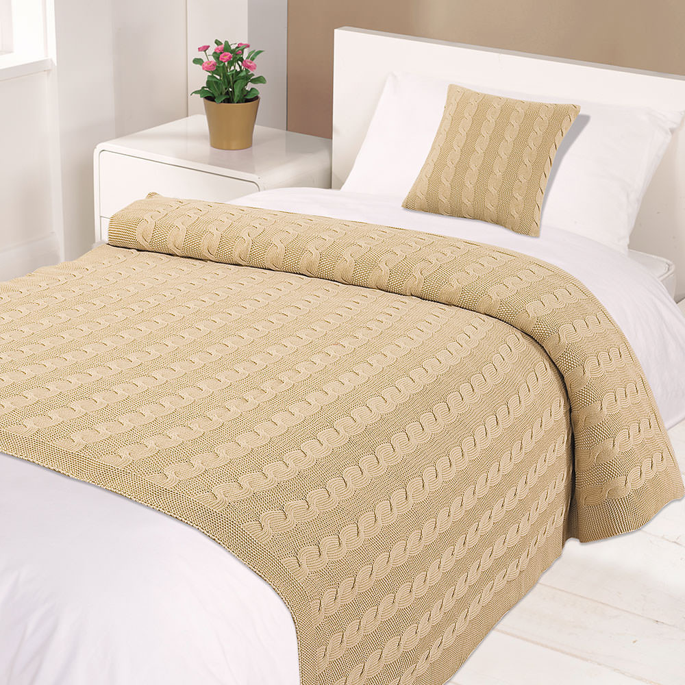 Highams Cable Knit 100% Cotton Throw - Natural Beige >
