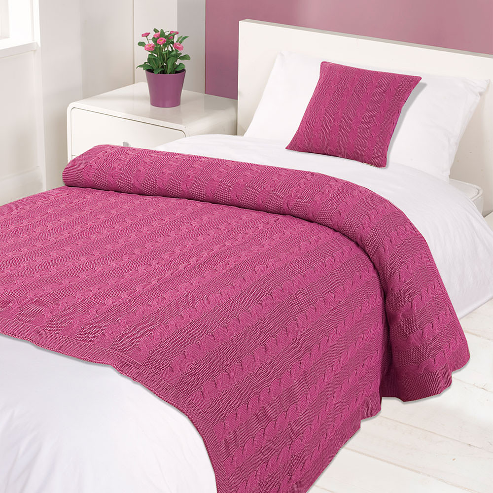 Highams Cable Knit 100% Cotton Throw - Pink >