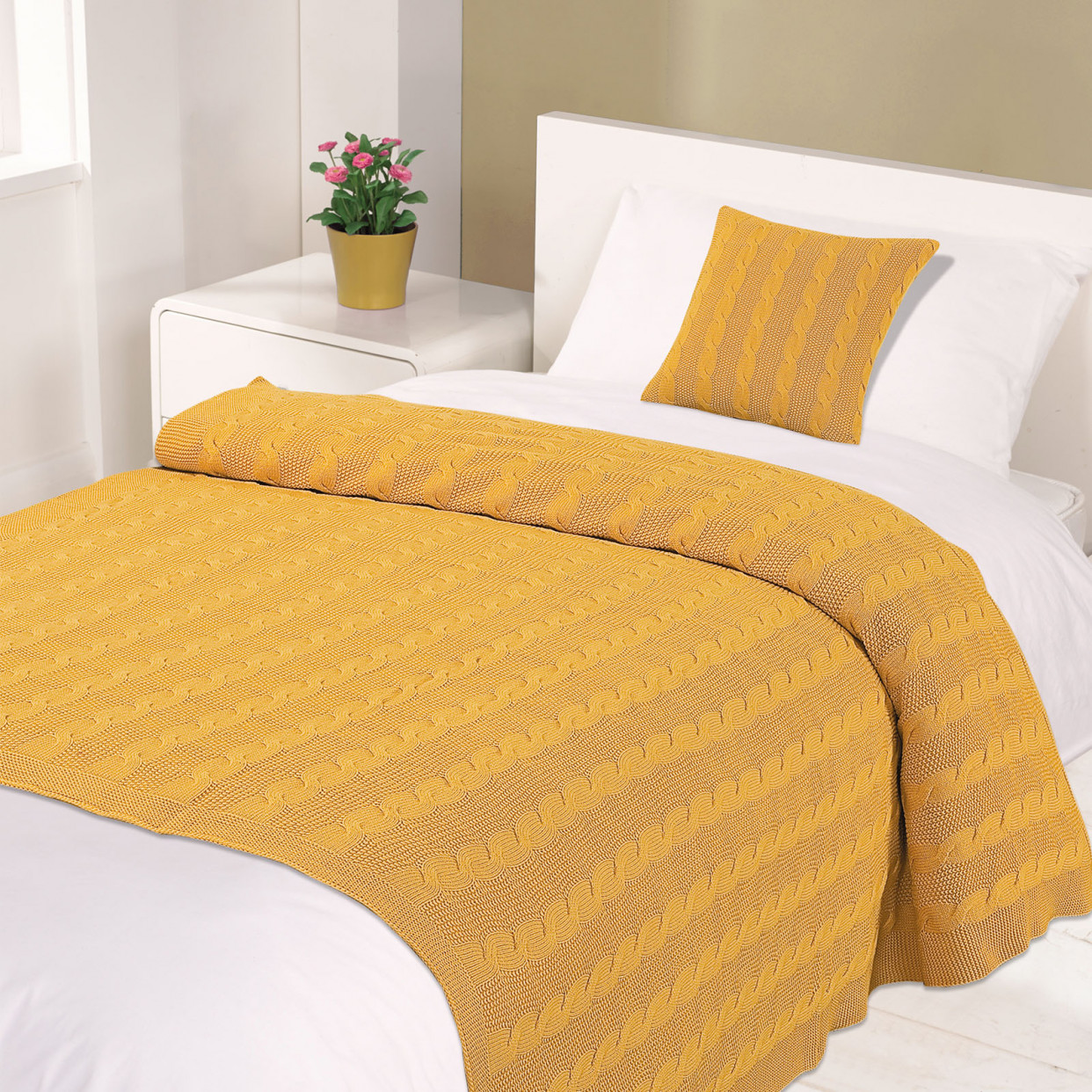 Highams 100% Cotton Woven Cable Knit Throw - Mustard Yellow Ochre - 125x150cm>