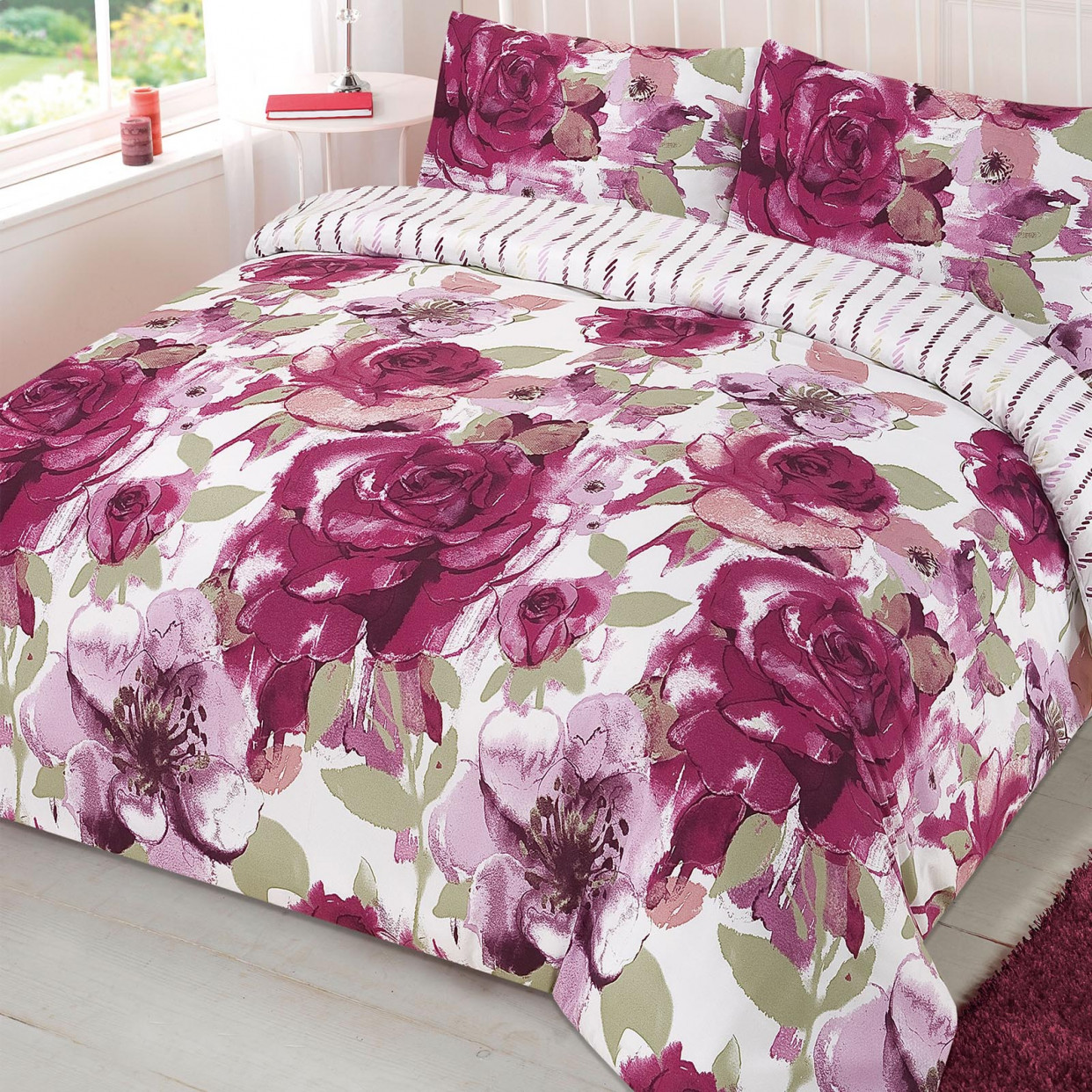 Floral Reversible Quilt Cover Pillowcase Bedding Set Cammi Purple White - Double>