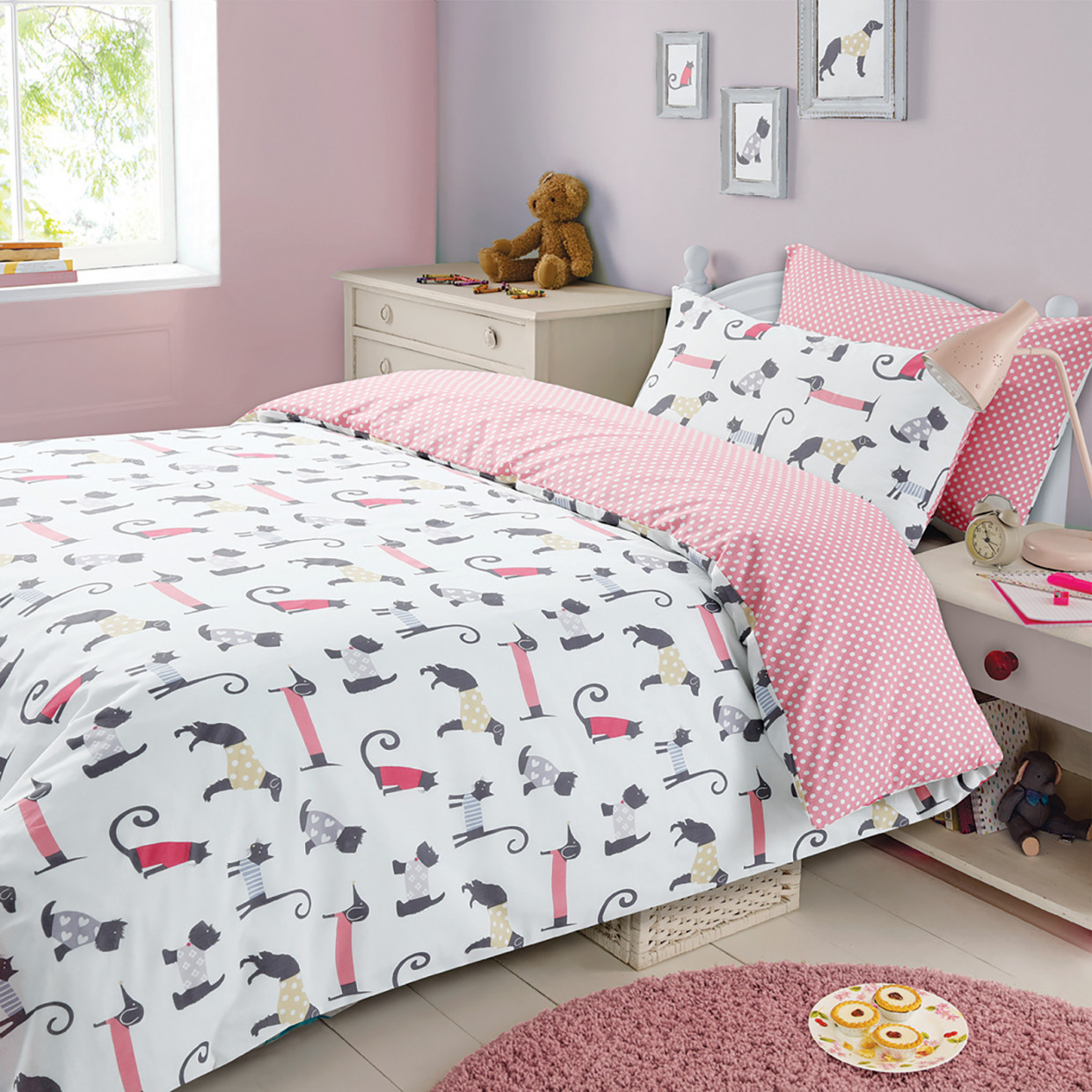 Childrens Duvet Cover with Pillowcase Bedding Set Cat & Dog Spots - Double>