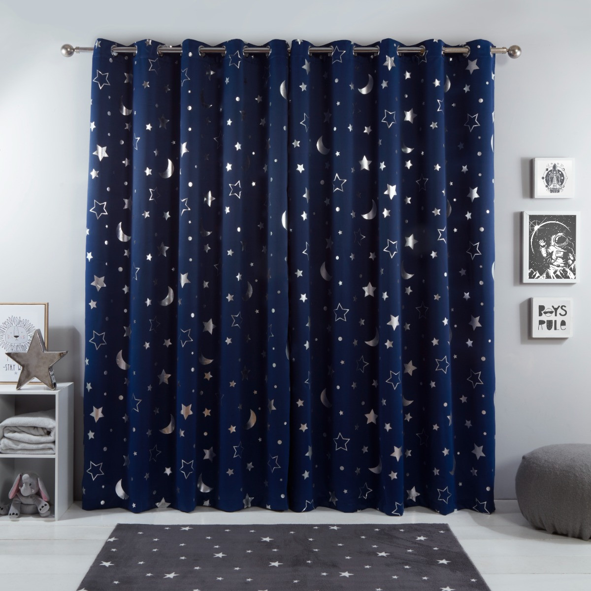 OHS Galaxy Star Kids Eyelet Blackout Curtains, Navy Blue - 66" x 54">