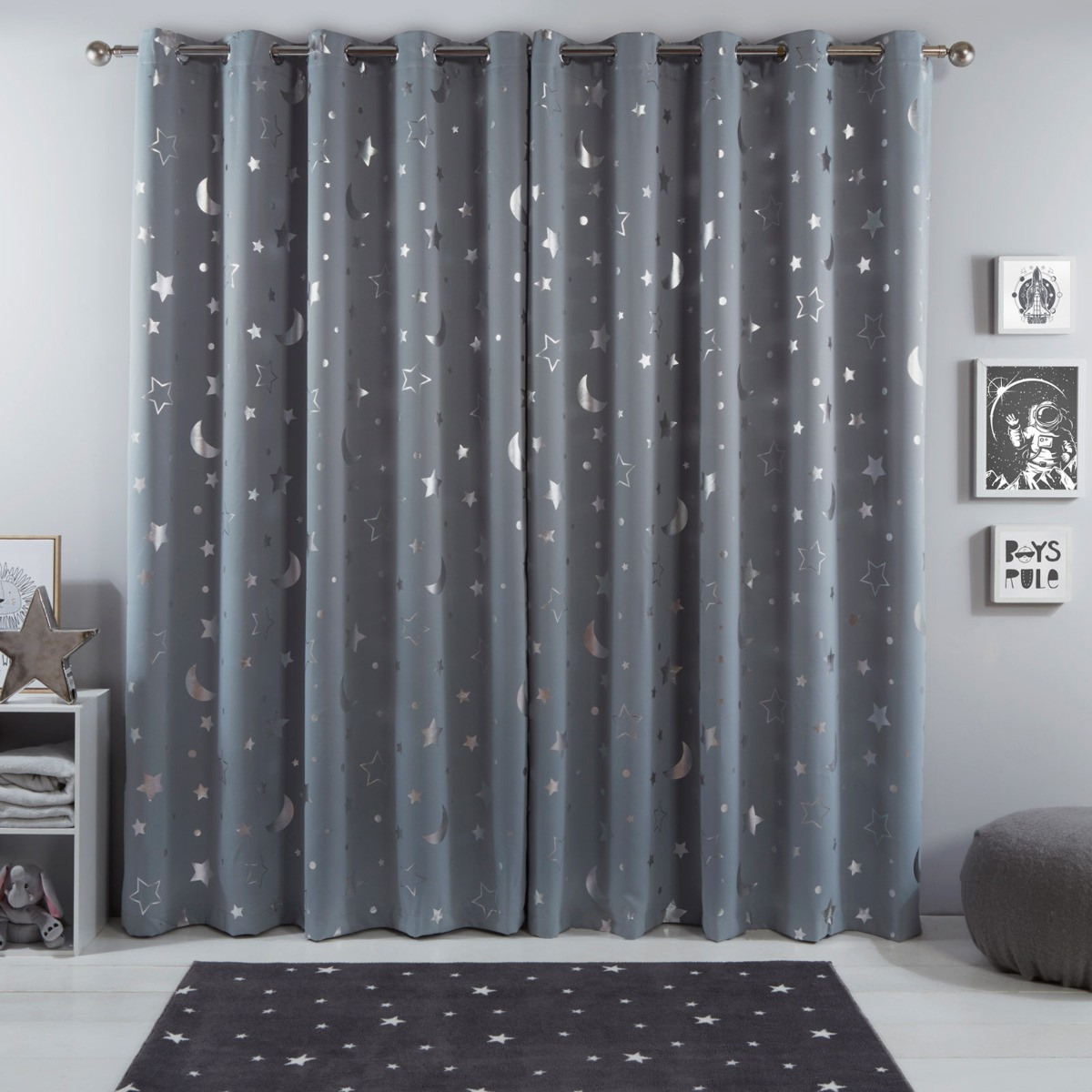 OHS Star Kids Eyelet Blackout Curtains, Silver Grey - 117 x 182cm (46" x 72")>